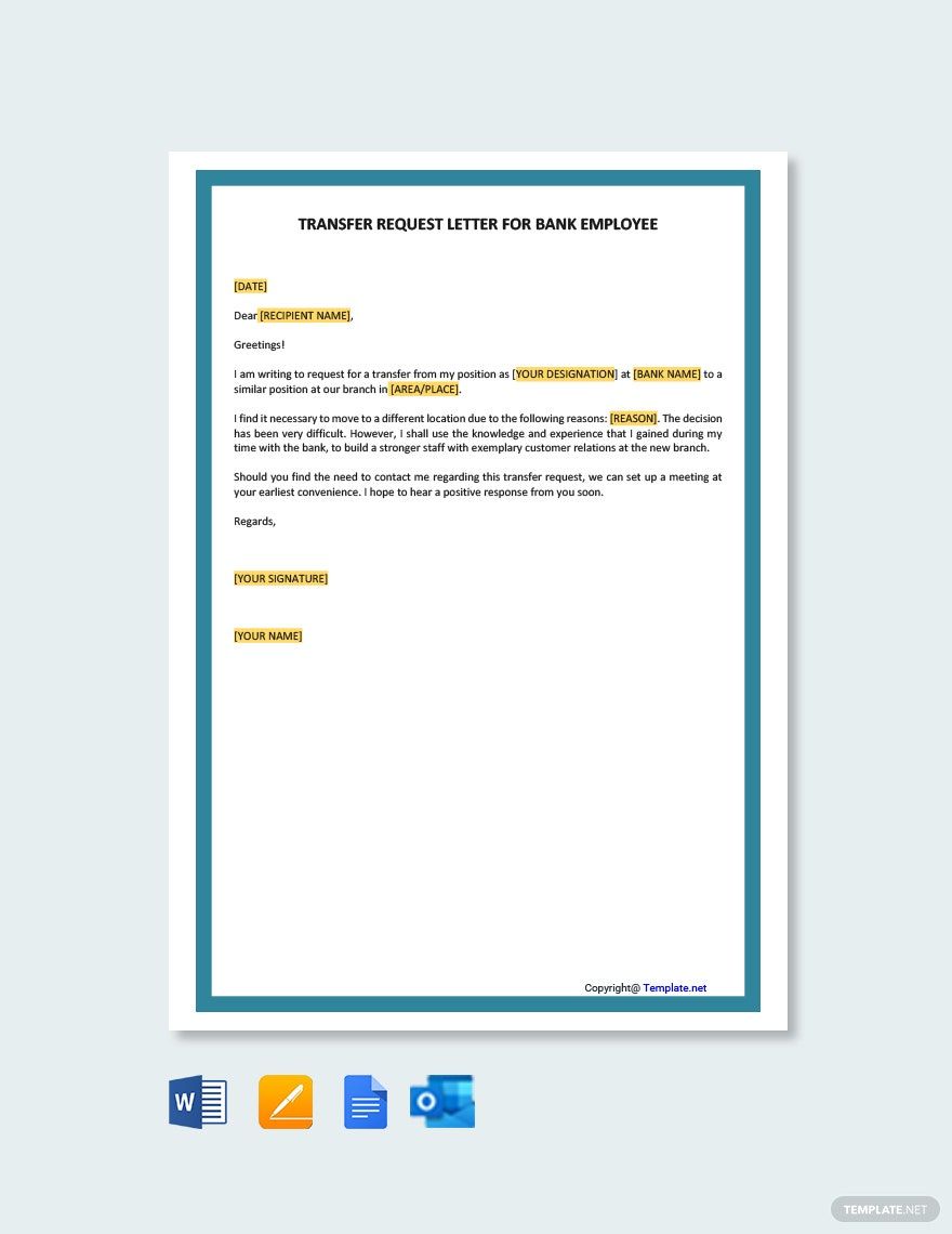 Transfer Request Letter for Bank Employee Template
