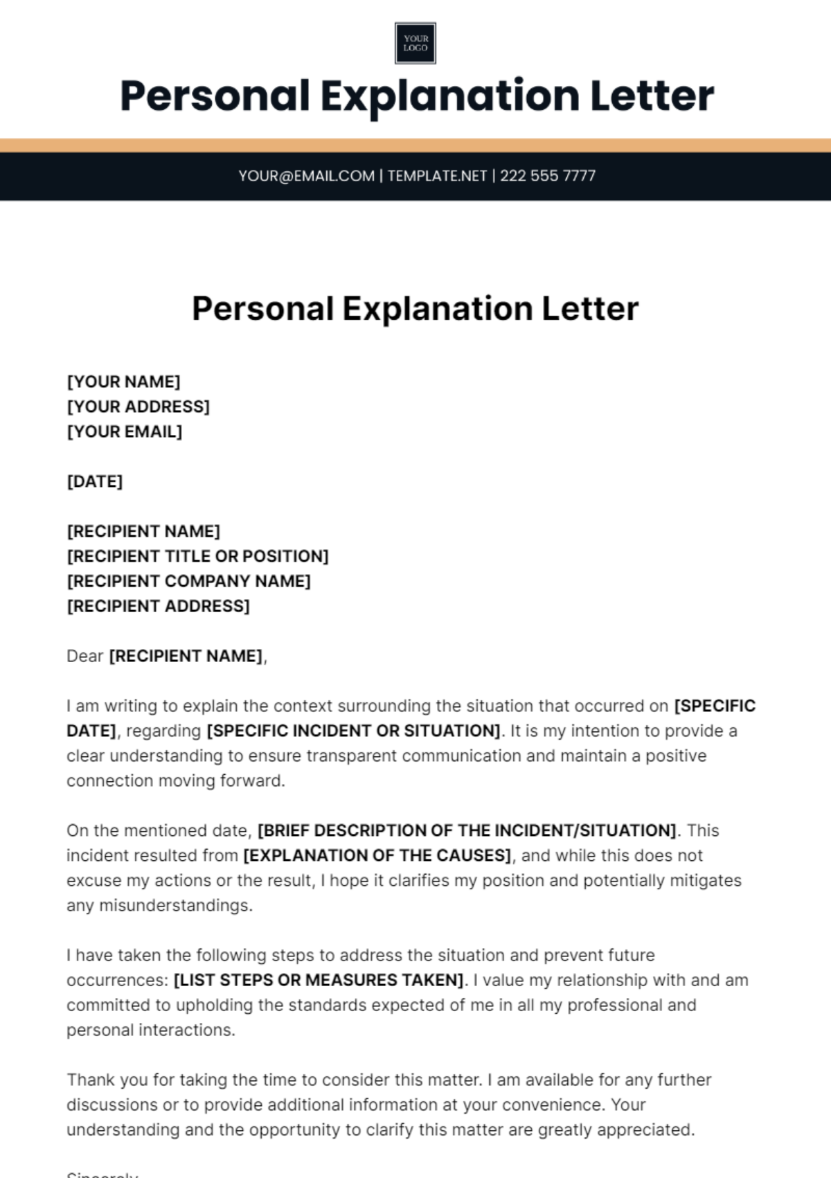 Personal Explanation Letter Template - Edit Online & Download