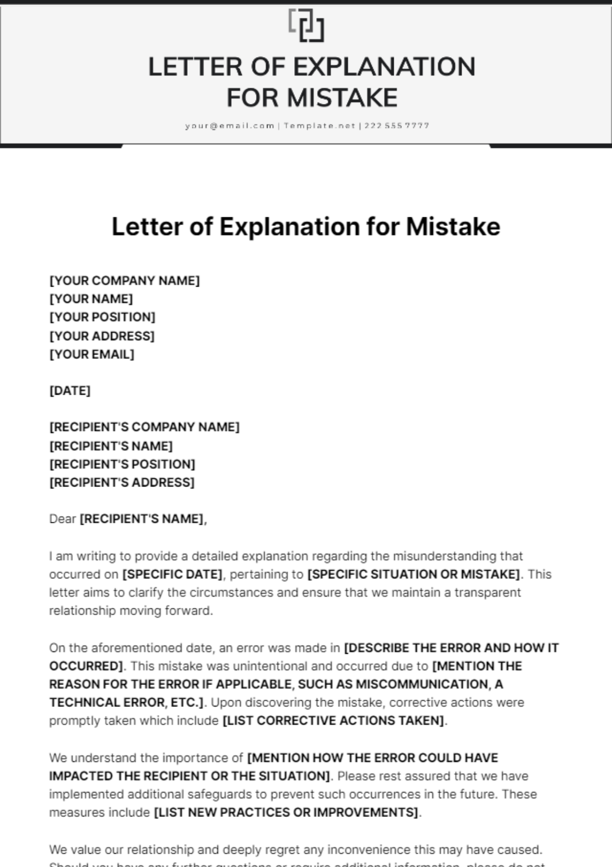 Letter Of Explanation For Mistake Template