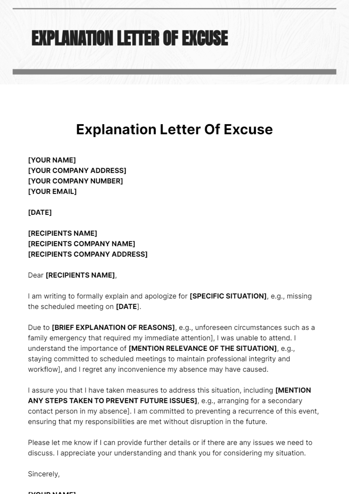 Explanation Letter Of Excuse Template