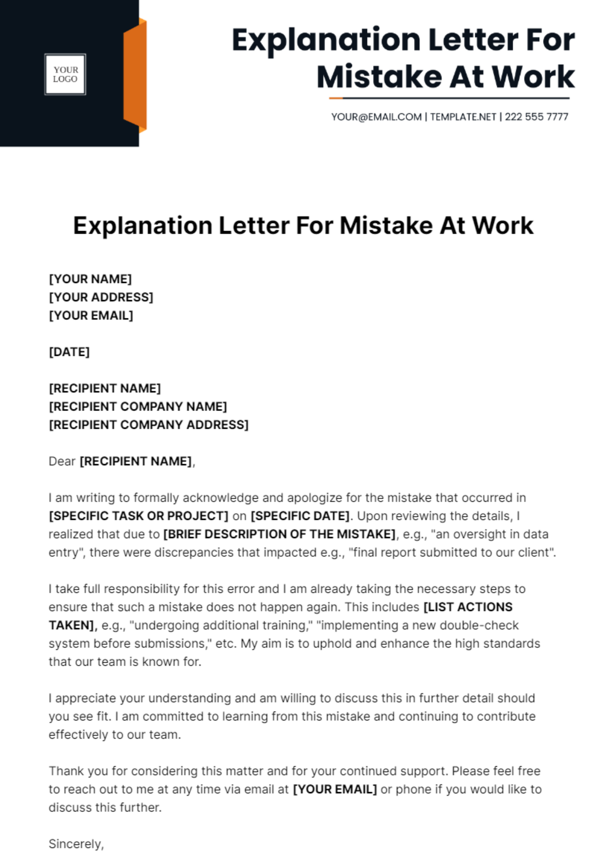 Explanation Letter For Mistake At Work Template - Edit Online & Download