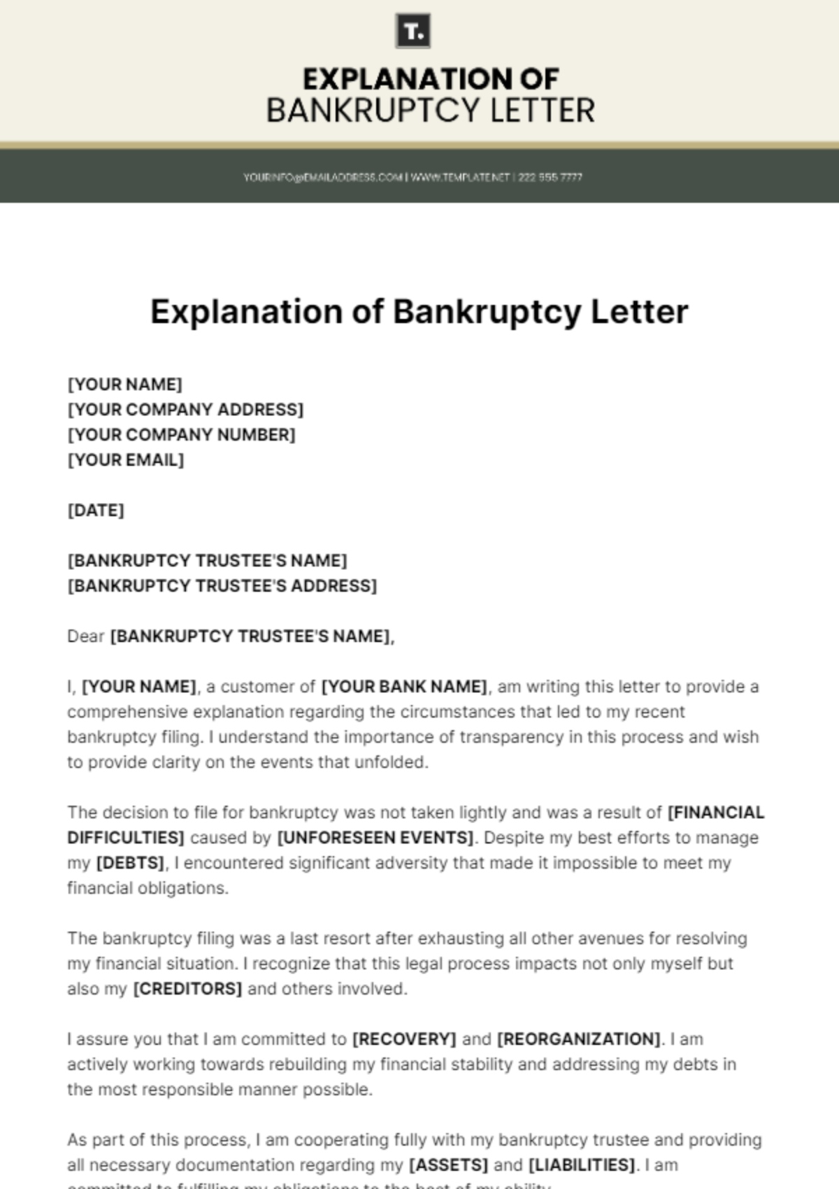 Explanation Of Bankruptcy Letter Template