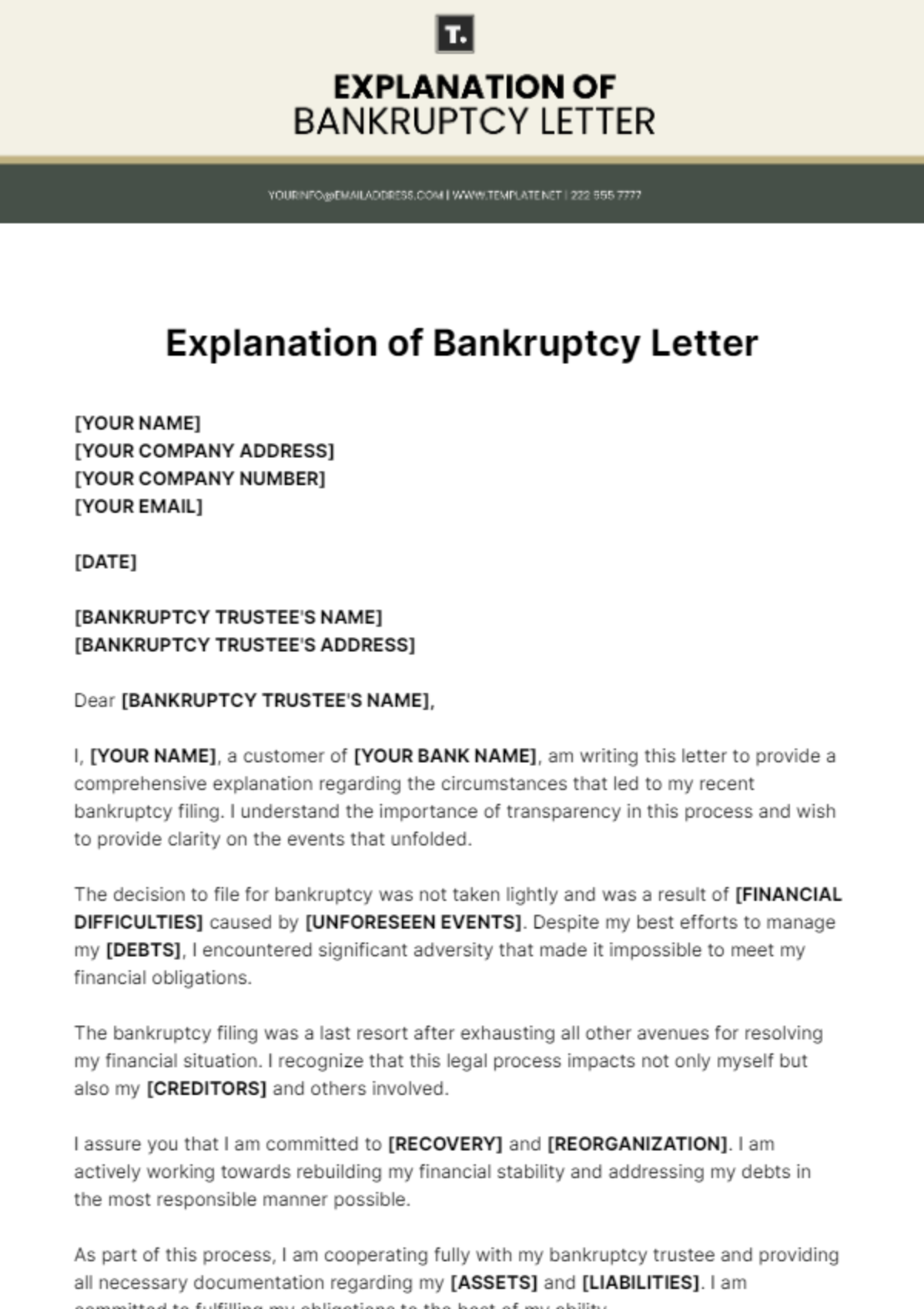 Explanation Of Bankruptcy Letter Template - Edit Online & Download