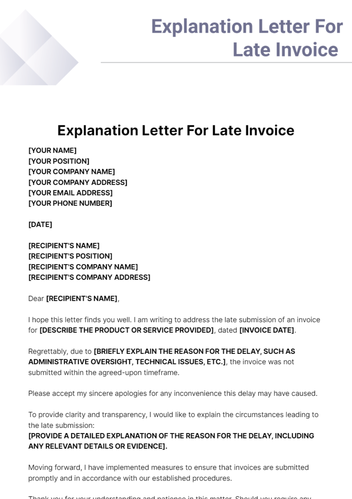 Explanation Letter For Late Invoice Template - Edit Online & Download