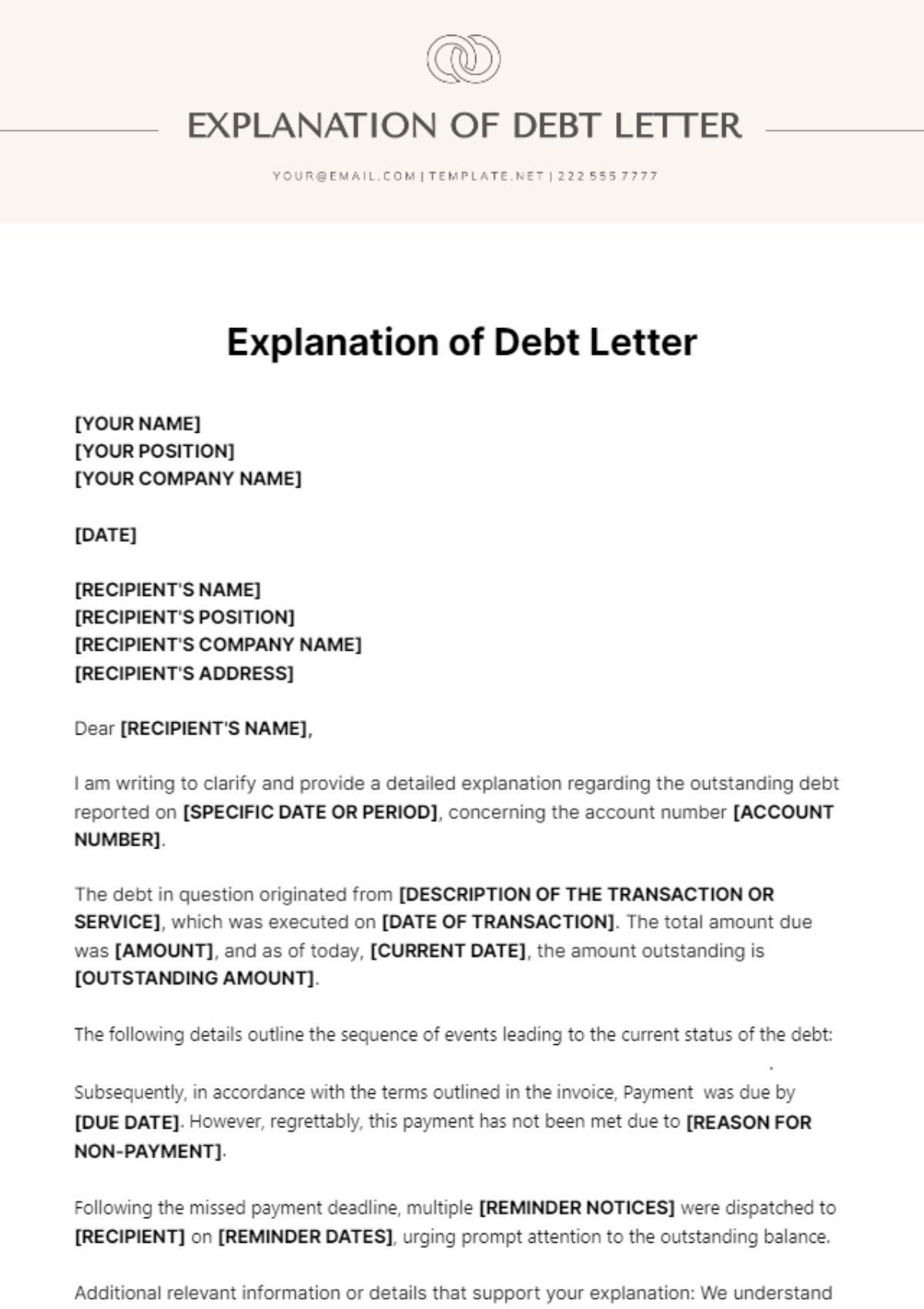 Explanation Of Debt Letter Template