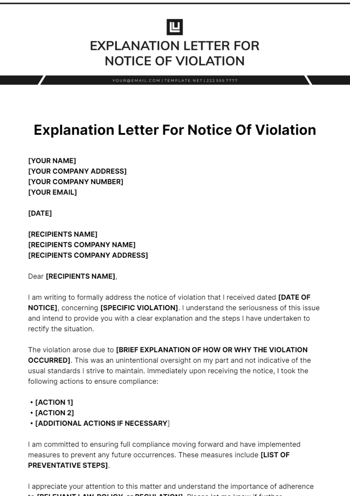 Explanation Letter For Notice Of Violation Template - Edit Online & Download