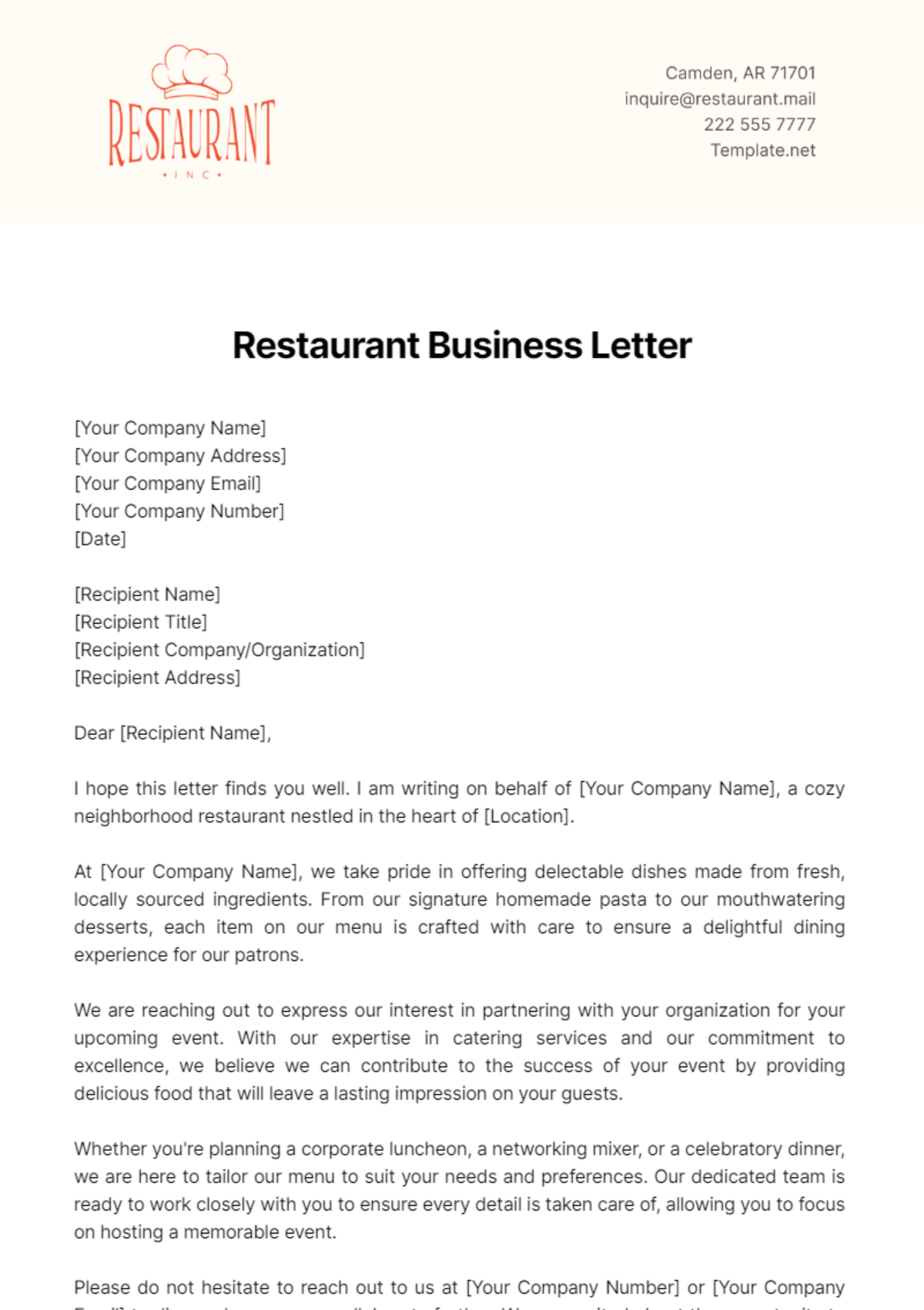 Restaurant Business Letter Template - Edit Online & Download