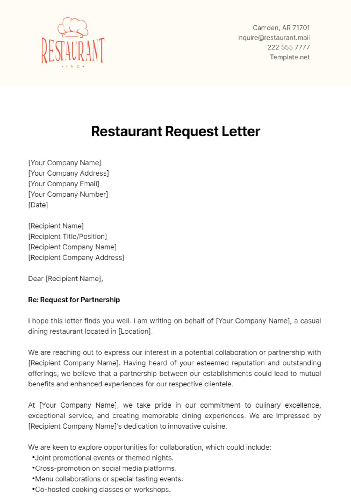 Free Restaurant Request Letter Template - Edit Online & Download ...