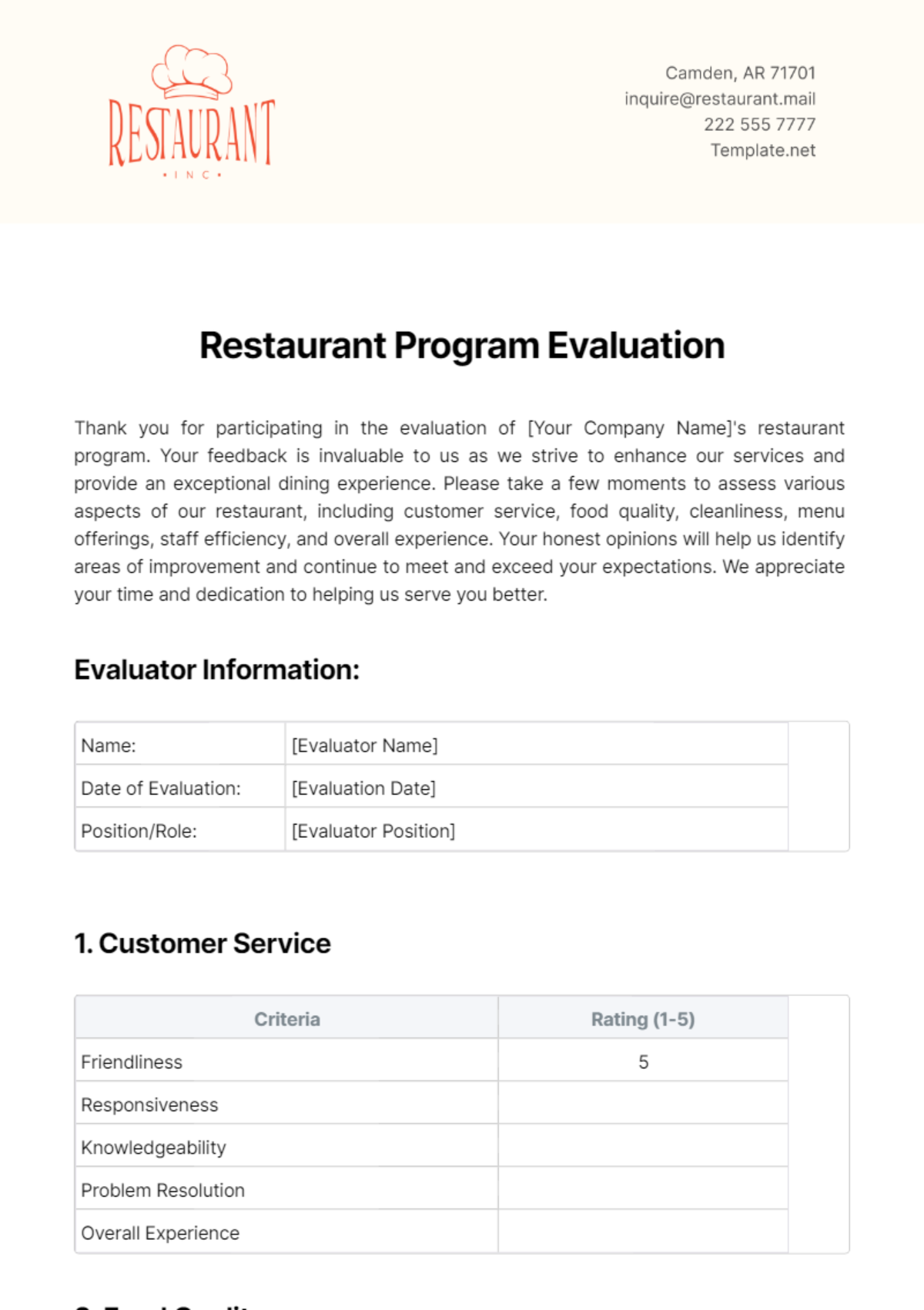 Restaurant Program Evaluation Template - Edit Online & Download