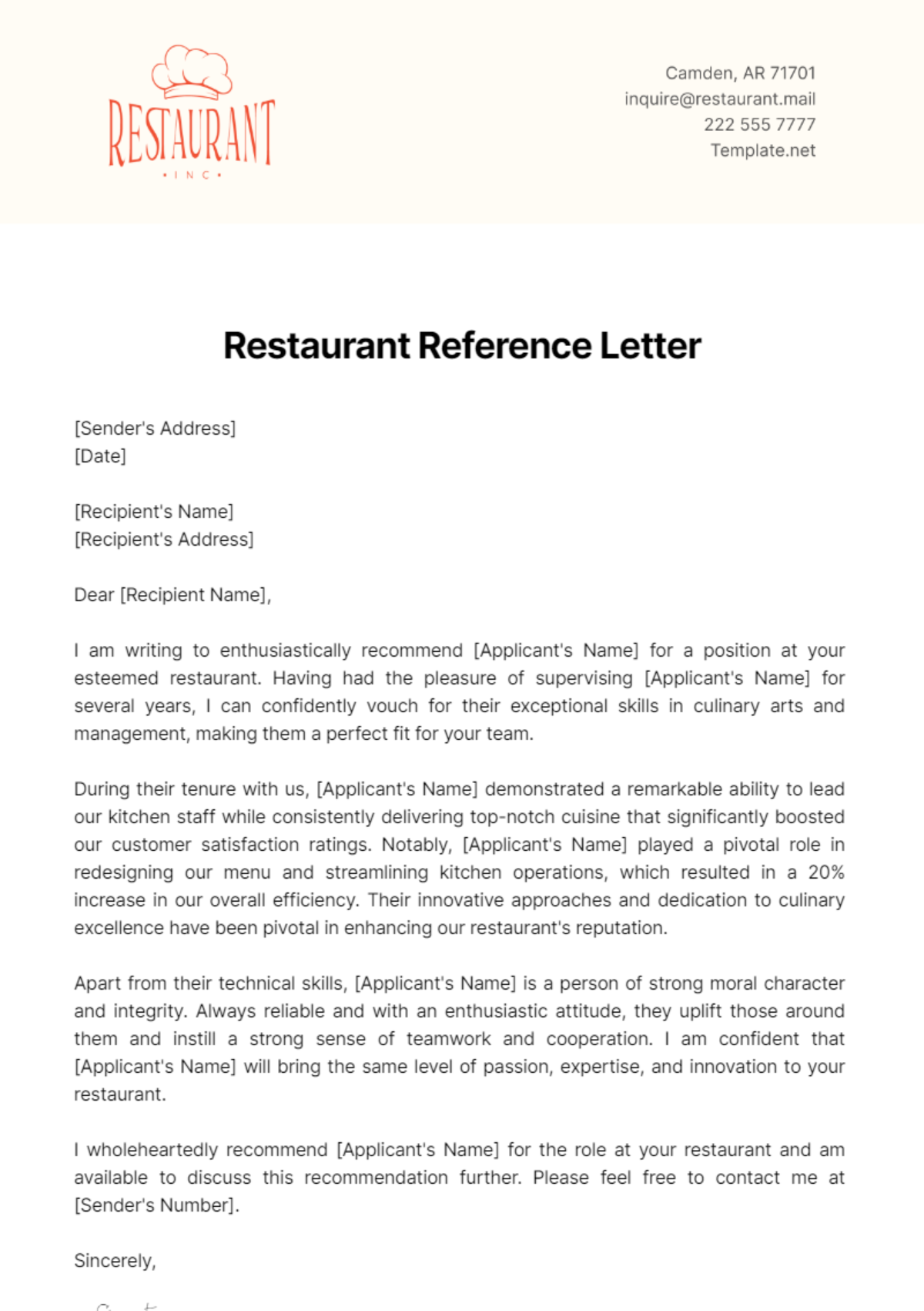 Restaurant Reference Letter Template - Edit Online & Download