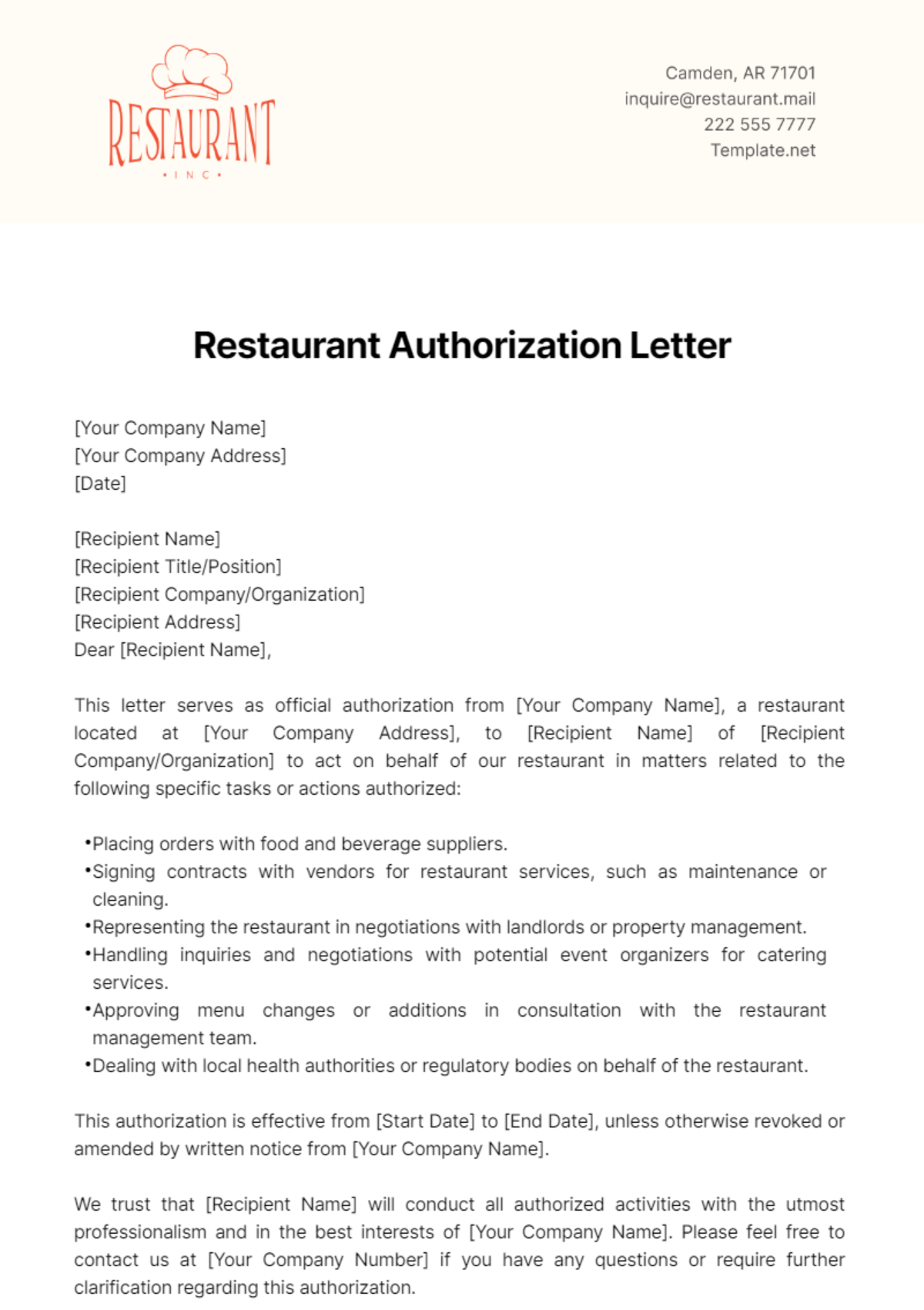 Restaurant Authorization Letter Template - Edit Online & Download