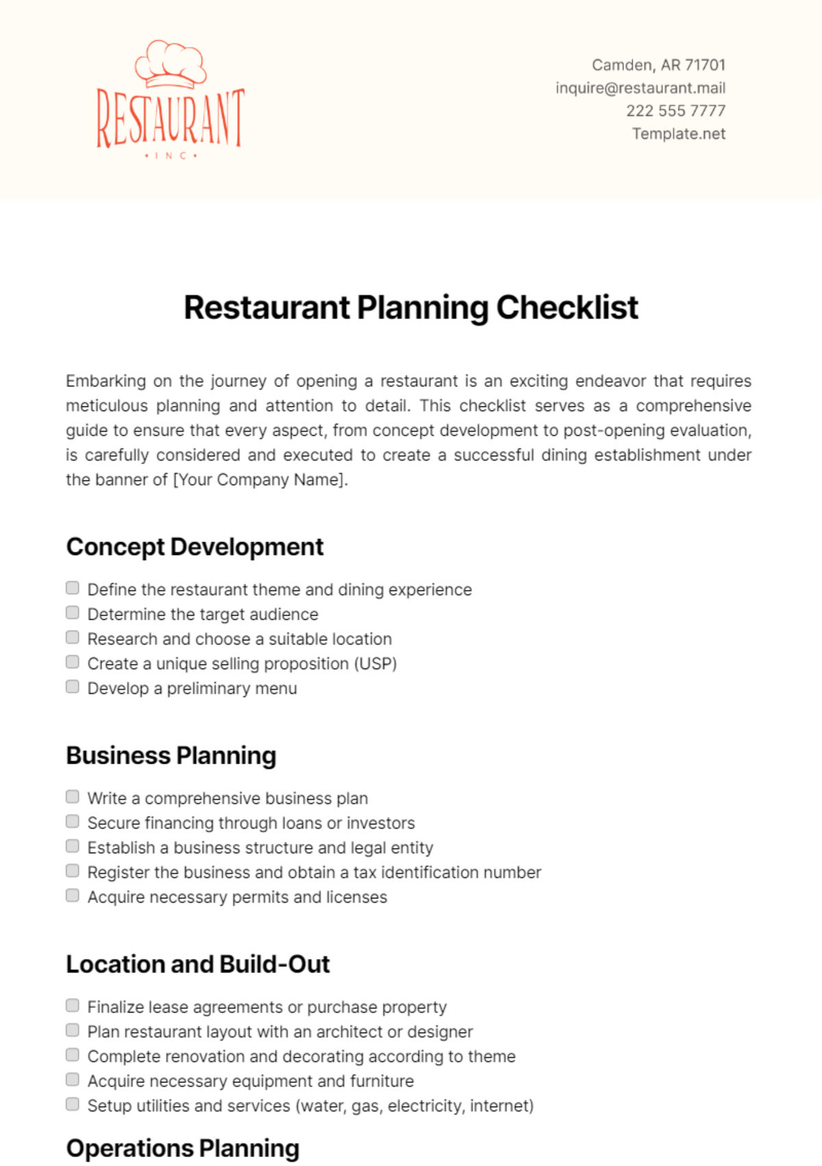 Free Restaurant Planning Checklist Template