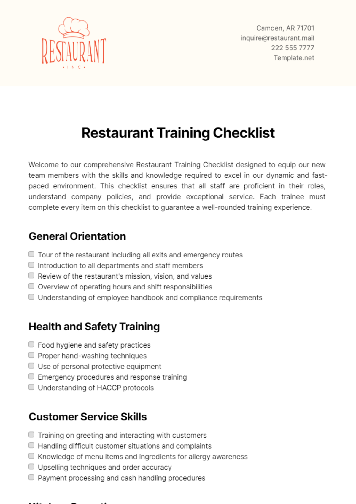 Free Restaurant Training Checklist Template