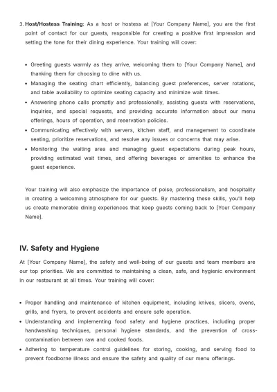 Free Restaurant Training Policy Template to Edit Online