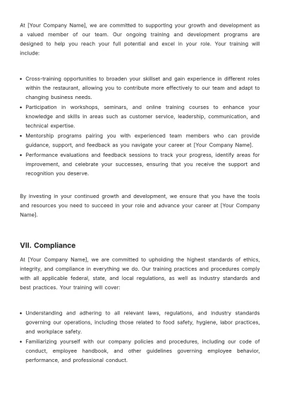 Free Restaurant Training Policy Template to Edit Online