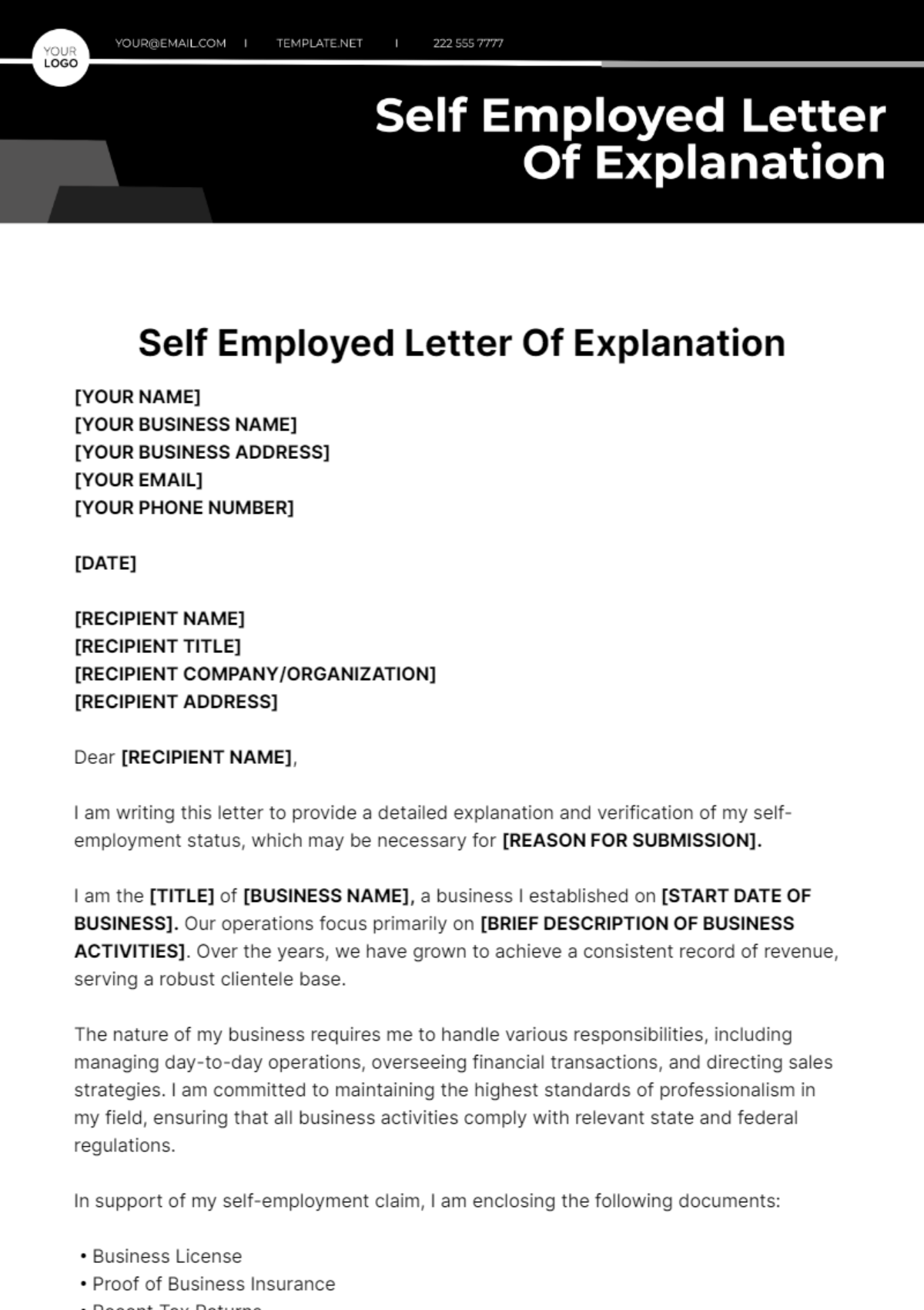 Self Employed Letter Of Explanation Template - Edit Online & Download