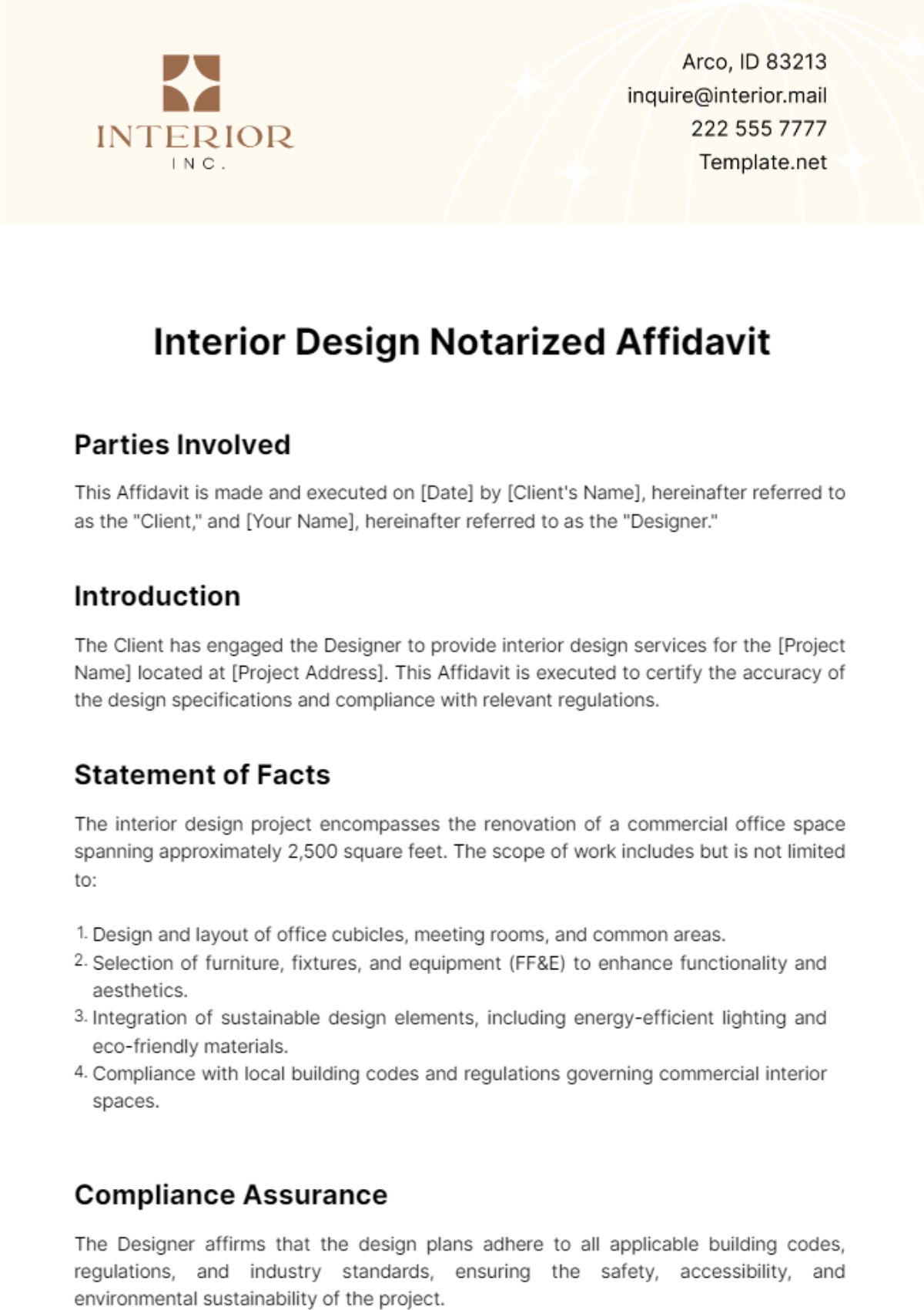 Interior Design Notarized Affidavit Template - Edit Online & Download