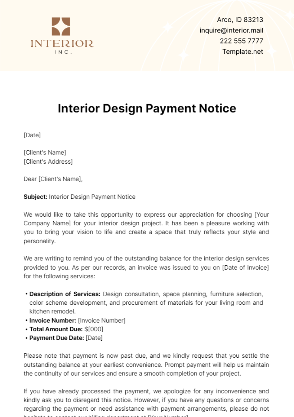 Free Interior Design Payment Notice Template