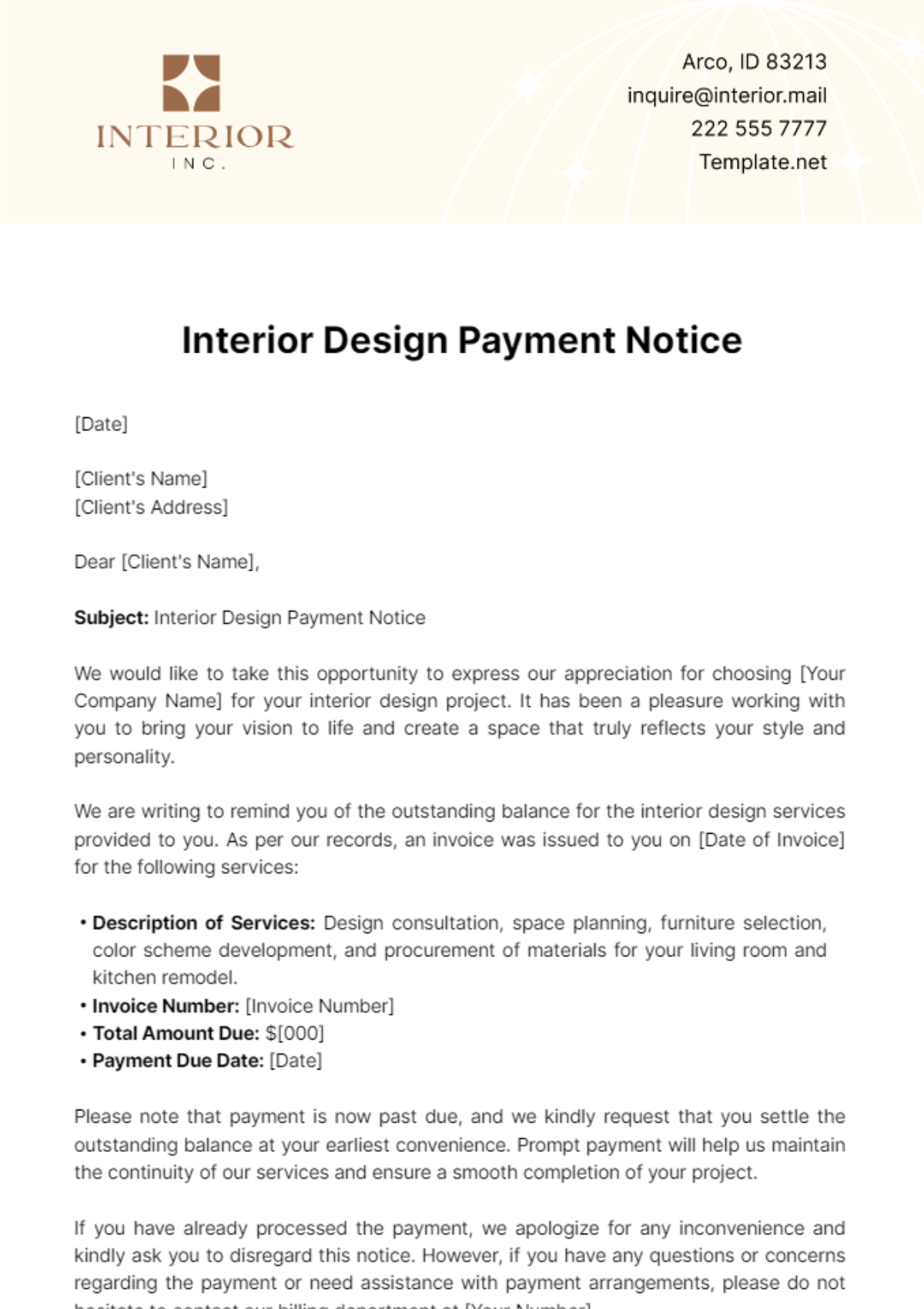 Interior Design Payment Notice Template - Edit Online & Download