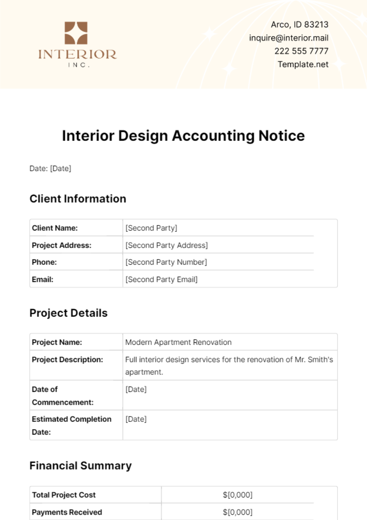 Free Interior Design Accounting Notice Template