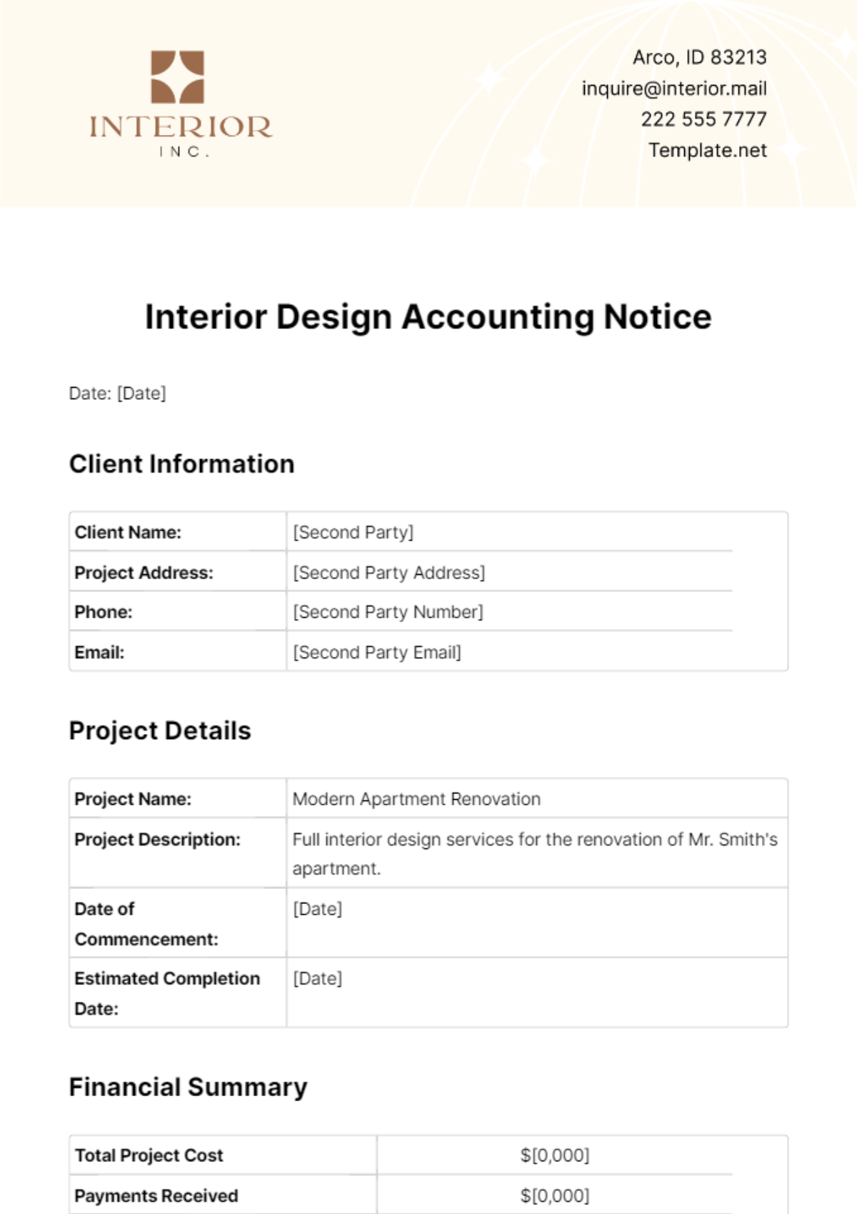 Interior Design Accounting Notice Template - Edit Online & Download