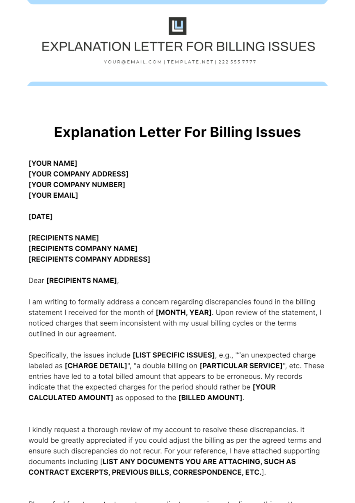 Explanation Letter For Billing Issues Template - Edit Online & Download