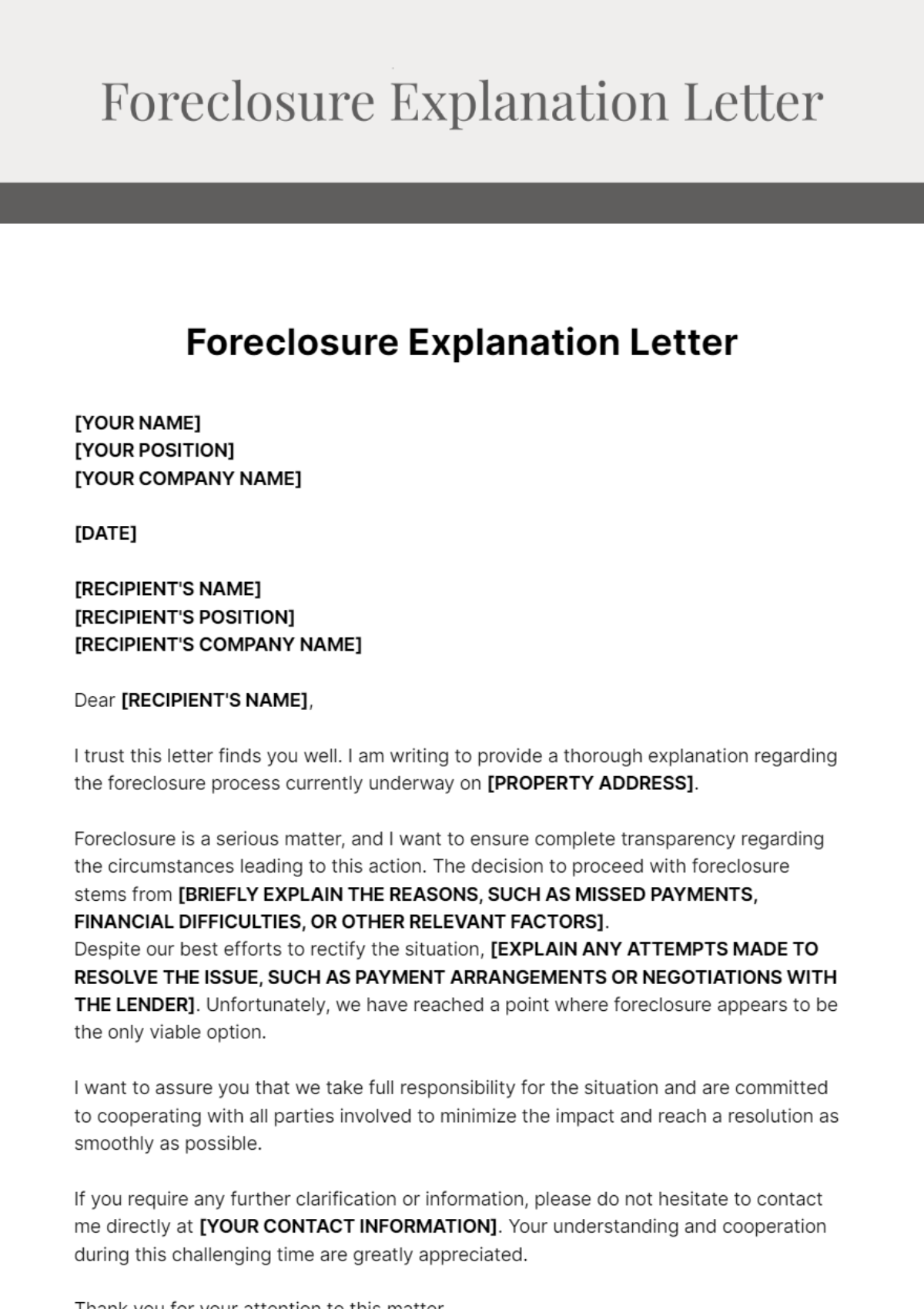 Foreclosure Letter Of Explanation Template - Edit Online & Download