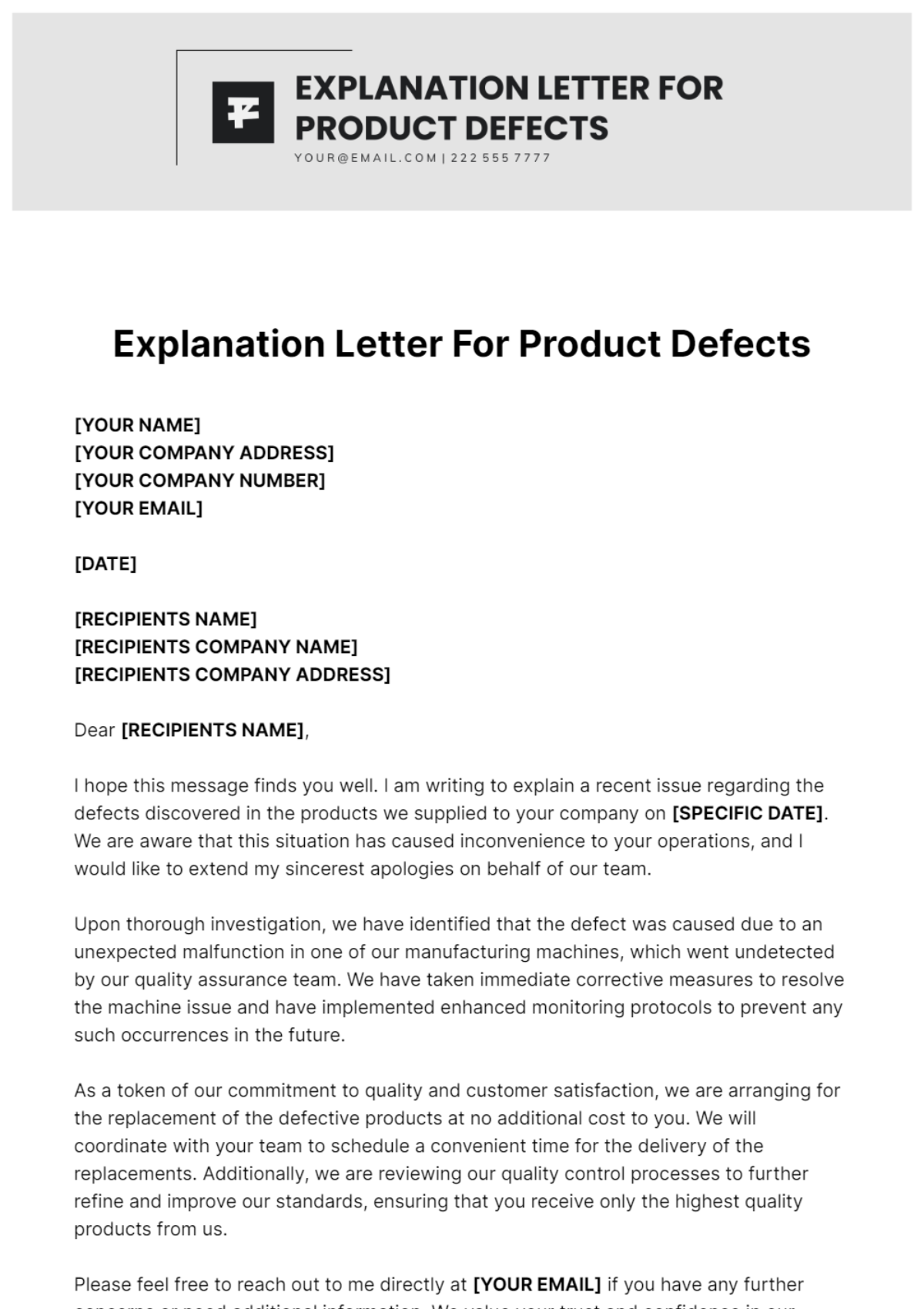 Explanation Letter For Product Defects Template - Edit Online & Download