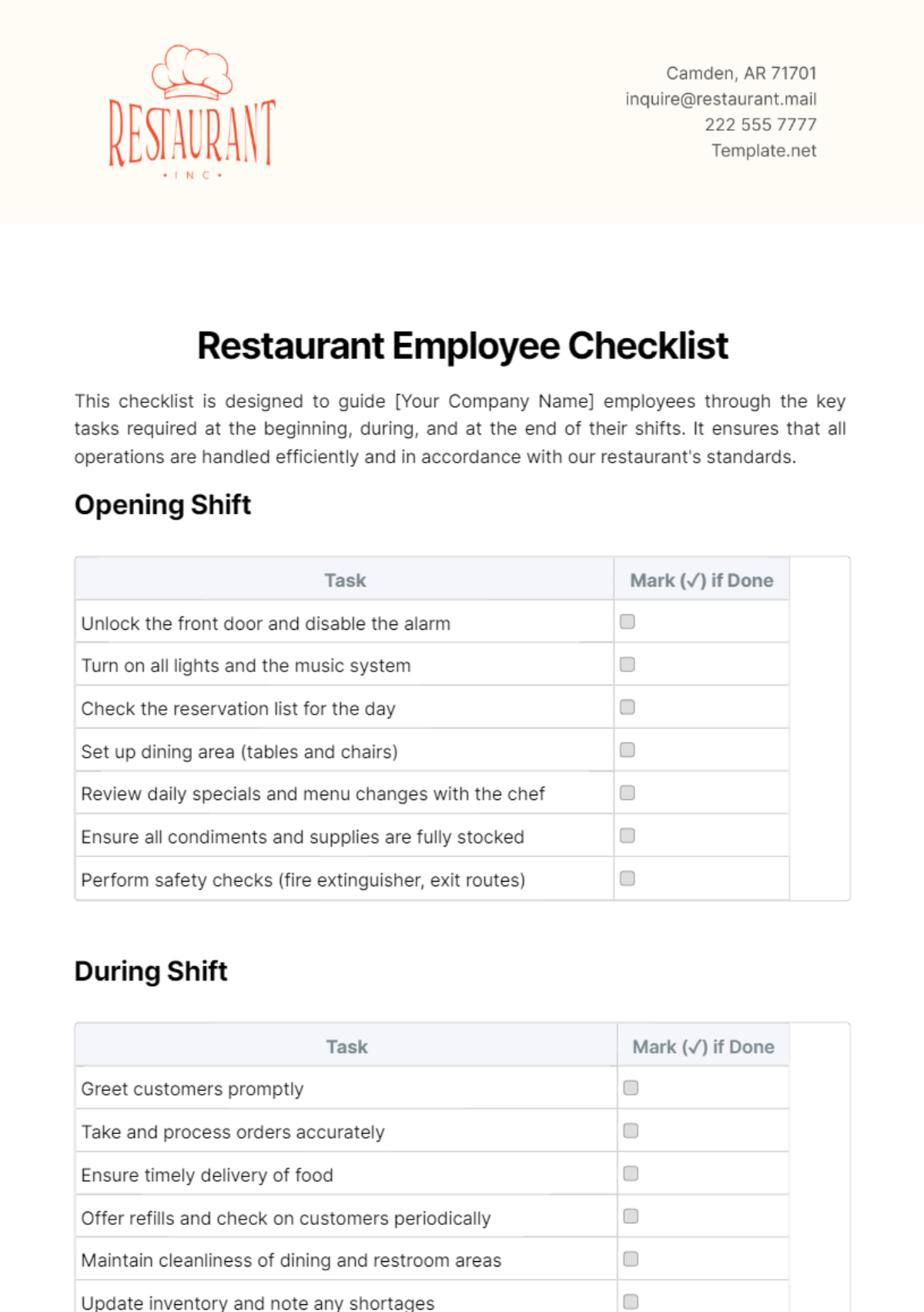 Free Restaurant Employee Checklist Template