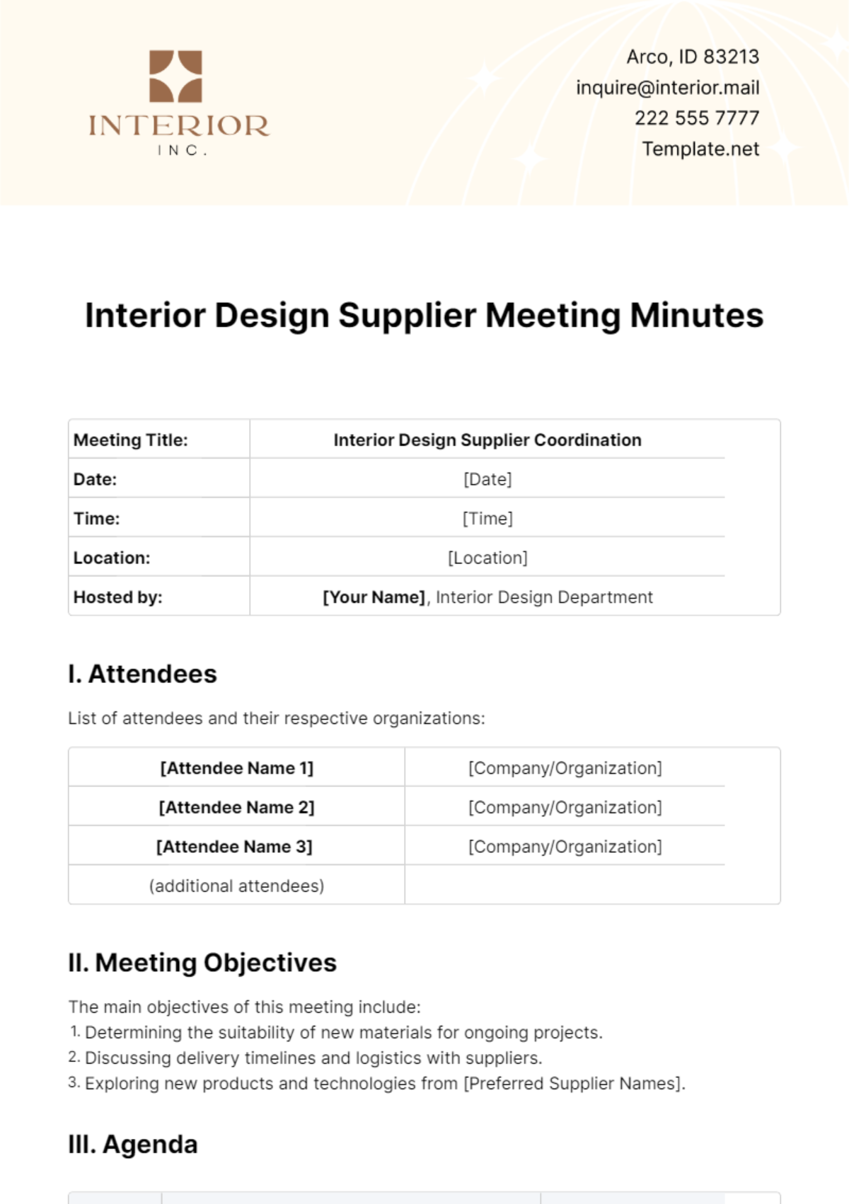 Interior Design Supplier Meeting Minute Template - Edit Online & Download