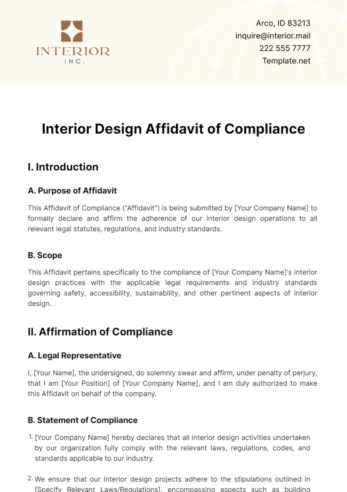 Interior Design Affidavit of Compliance Template - Edit Online & Download