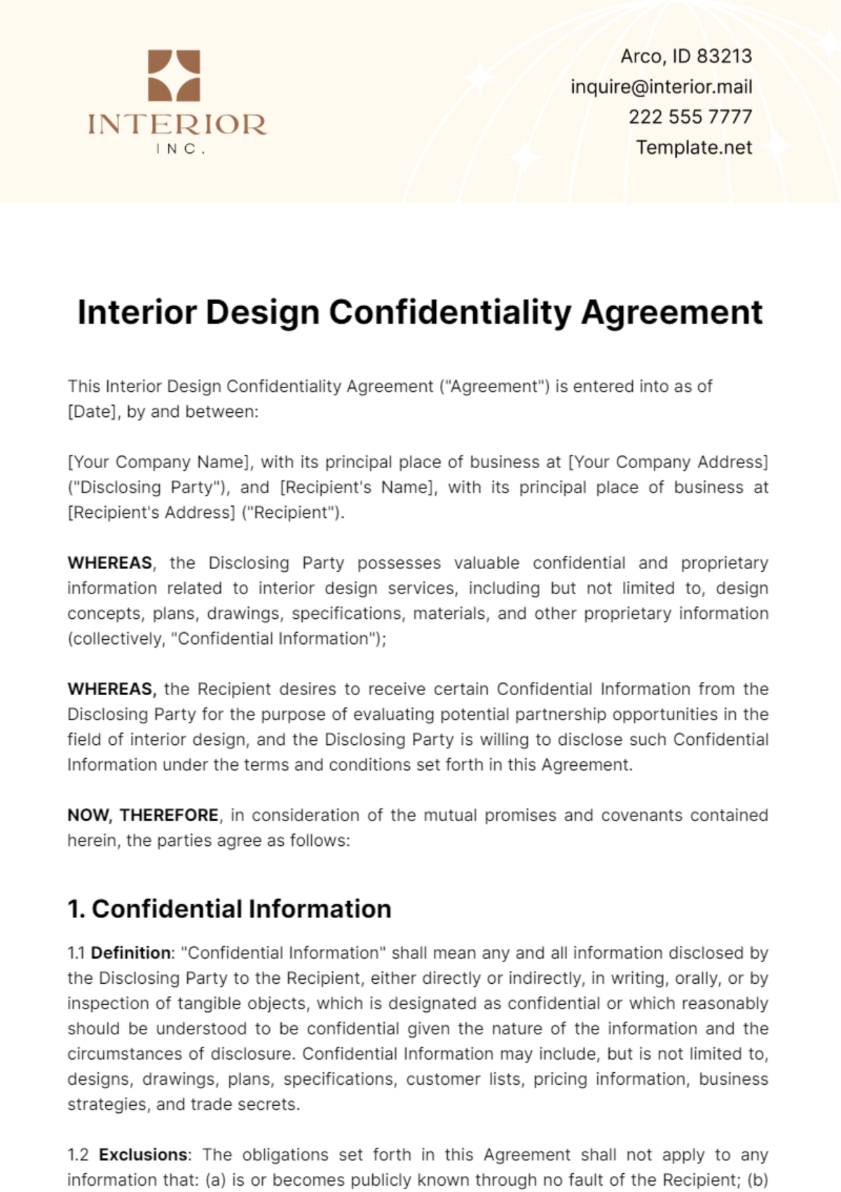 Interior Design Confidentiality Agreement Template - Edit Online & Download