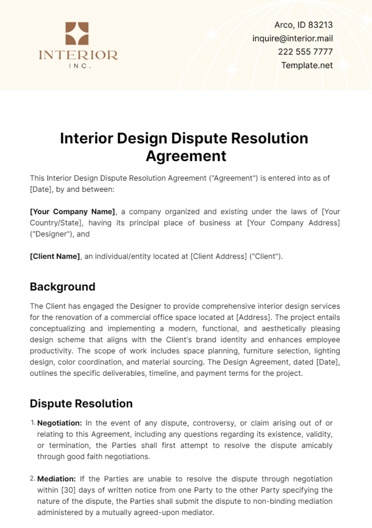 Interior Design Dispute Resolution Agreement Template - Edit Online & Download