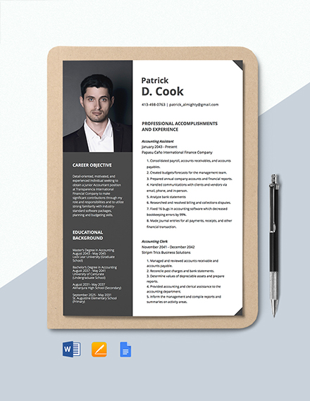 Sample Junior Accountant Resume Template - Google Docs, Word, Apple Pages