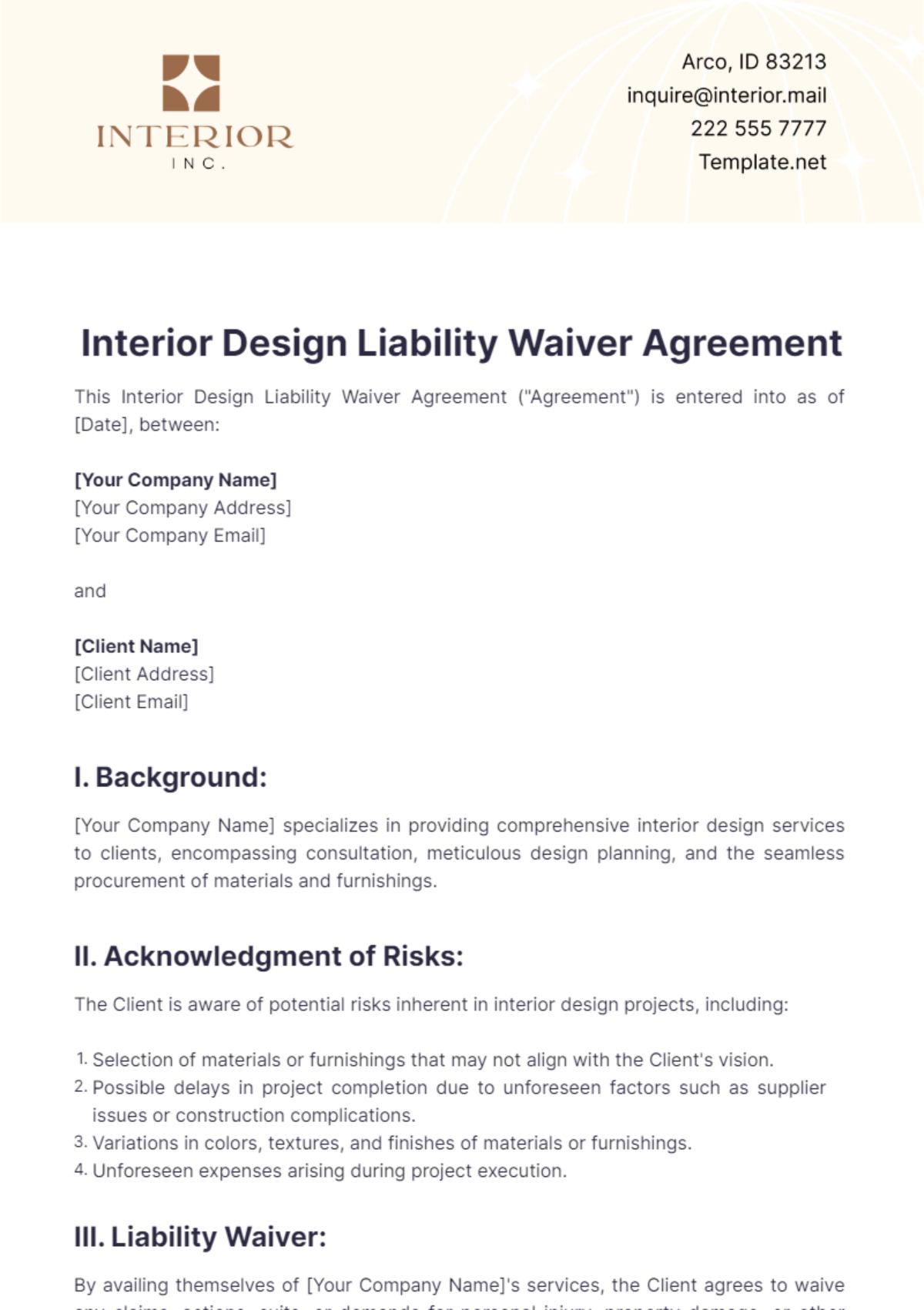 Interior Design Liability Waiver Agreement Template - Edit Online & Download