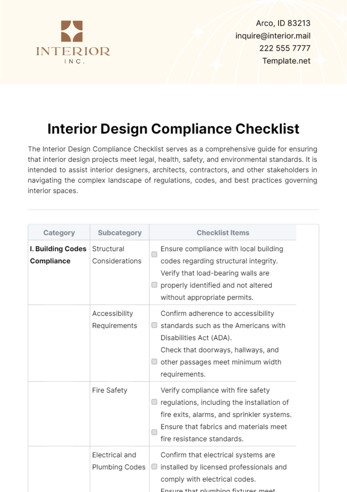 Free Interior Design Compliance Checklist Template