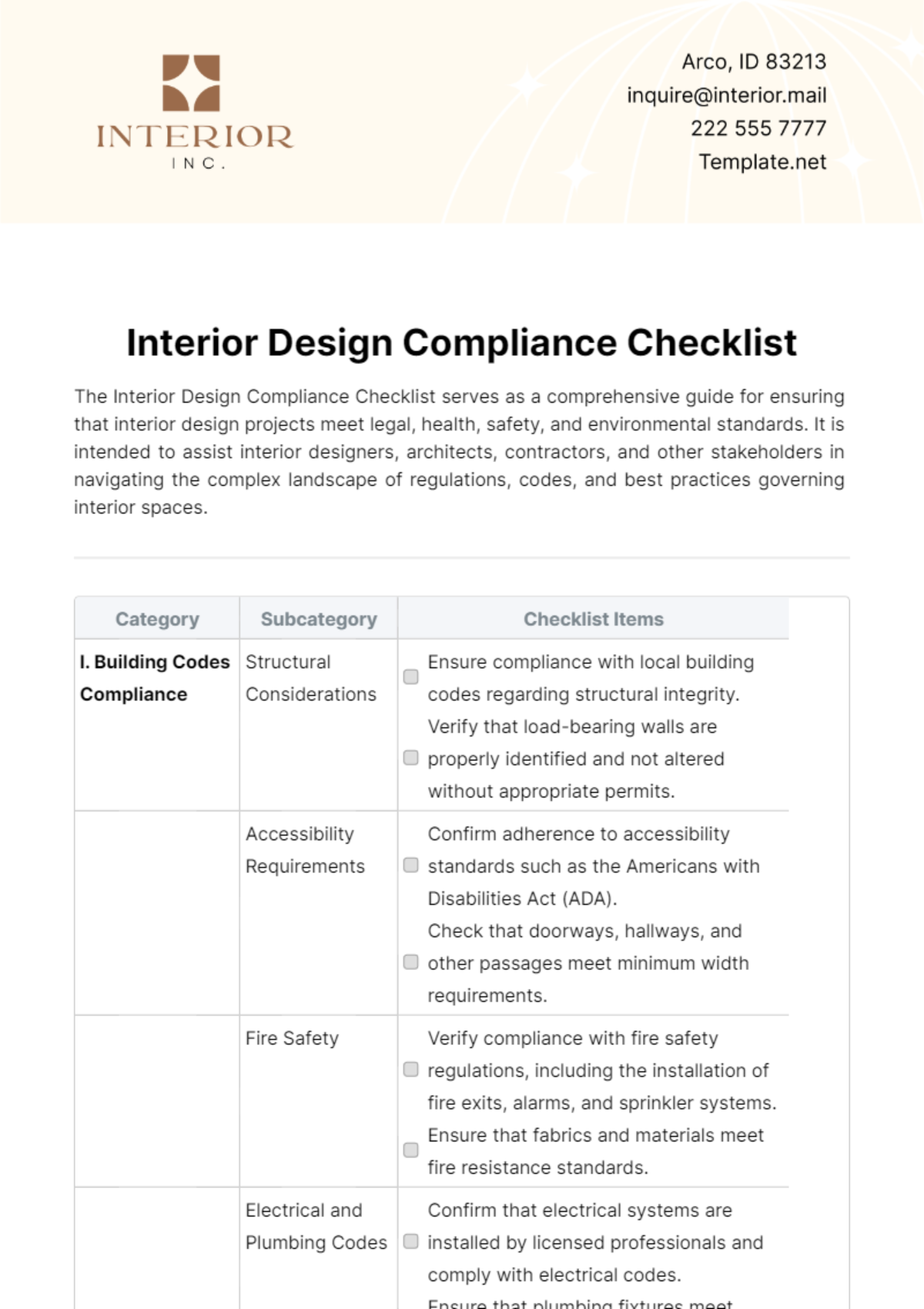 Interior Design Compliance Checklist Template - Edit Online & Download