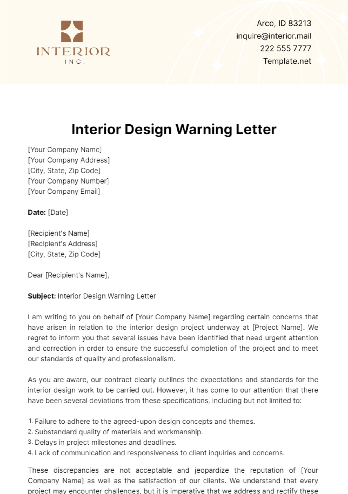 Interior Design Warning Letter Template - Edit Online & Download