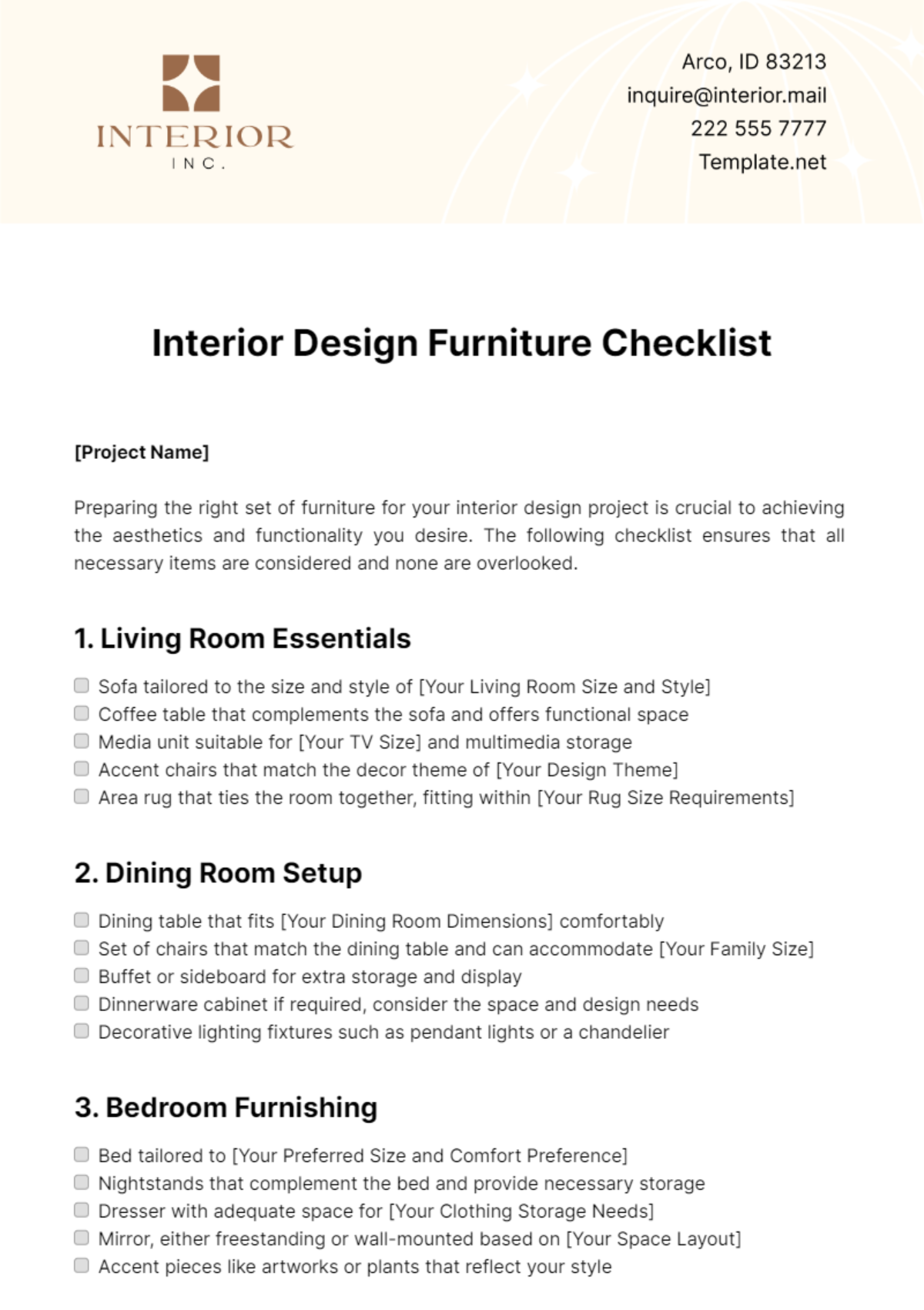 Free Interior Design Furniture Checklist Template