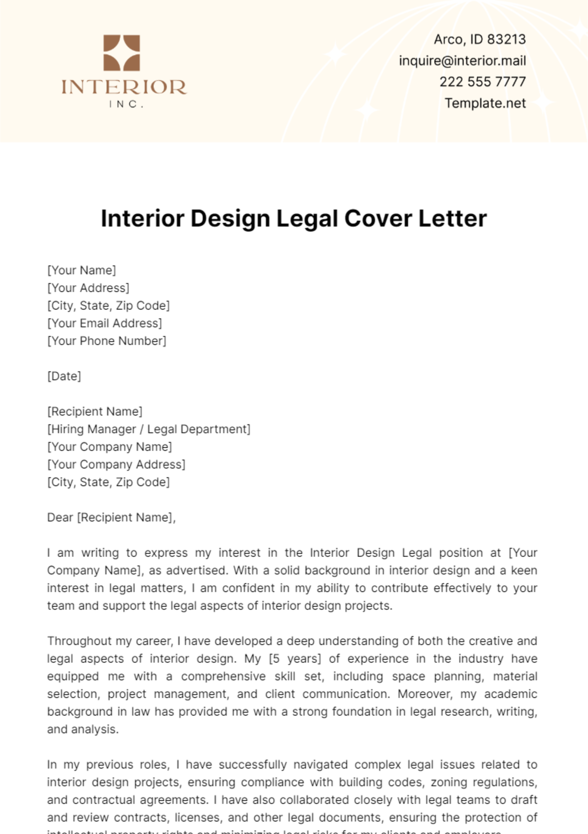 Interior Design Legal Cover Letter Template - Edit Online & Download