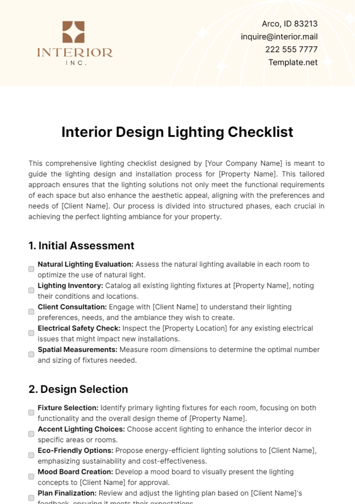 Free Interior Design Lighting Checklist Template