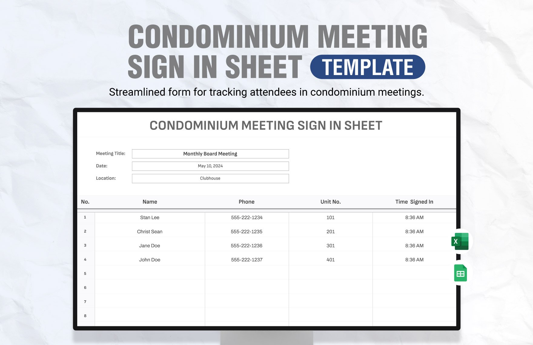 Condominium Meeting Sign in Sheet Template