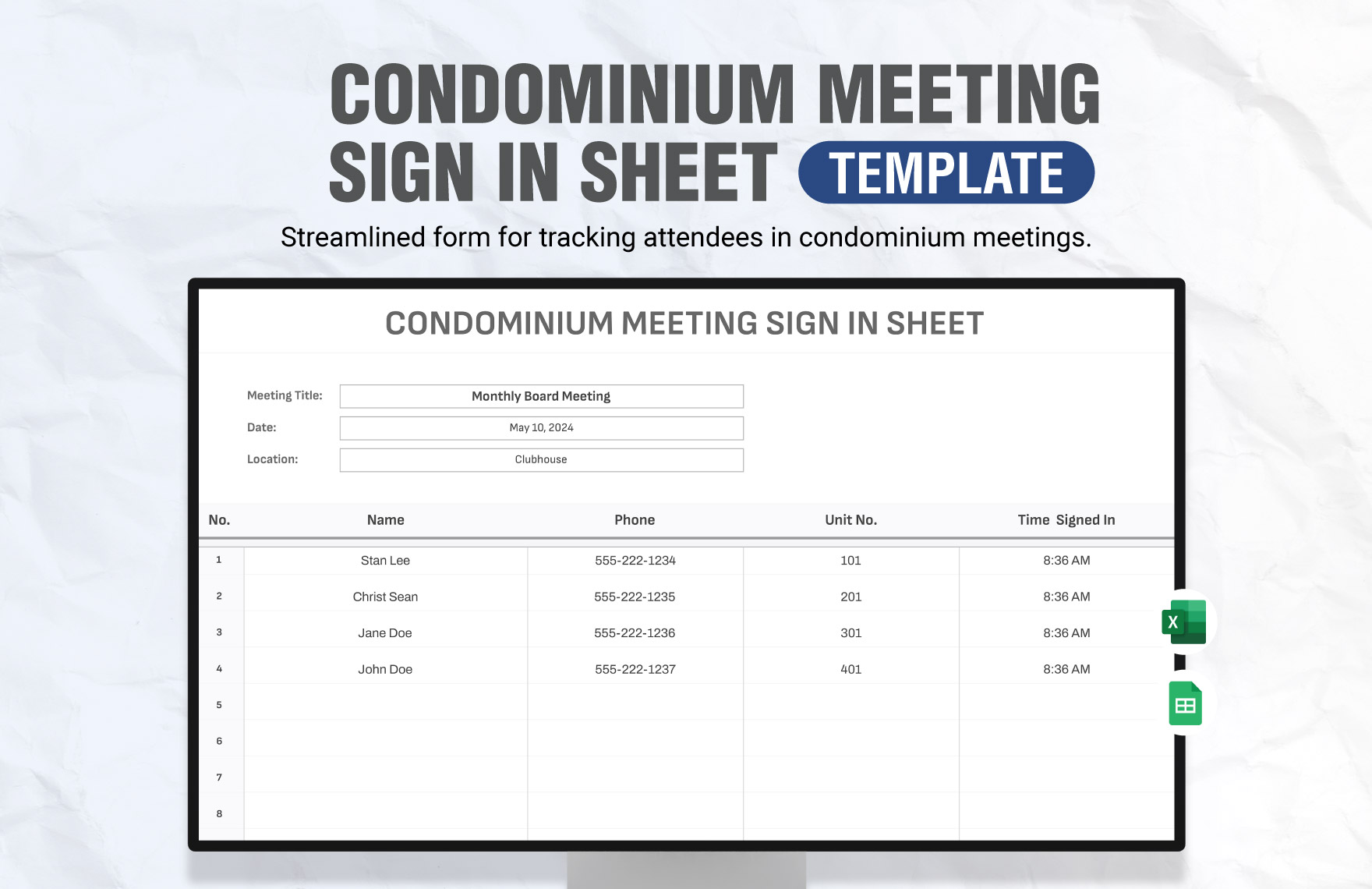 Free Condominium Meeting Sign in Sheet Template in Excel, Google Sheets