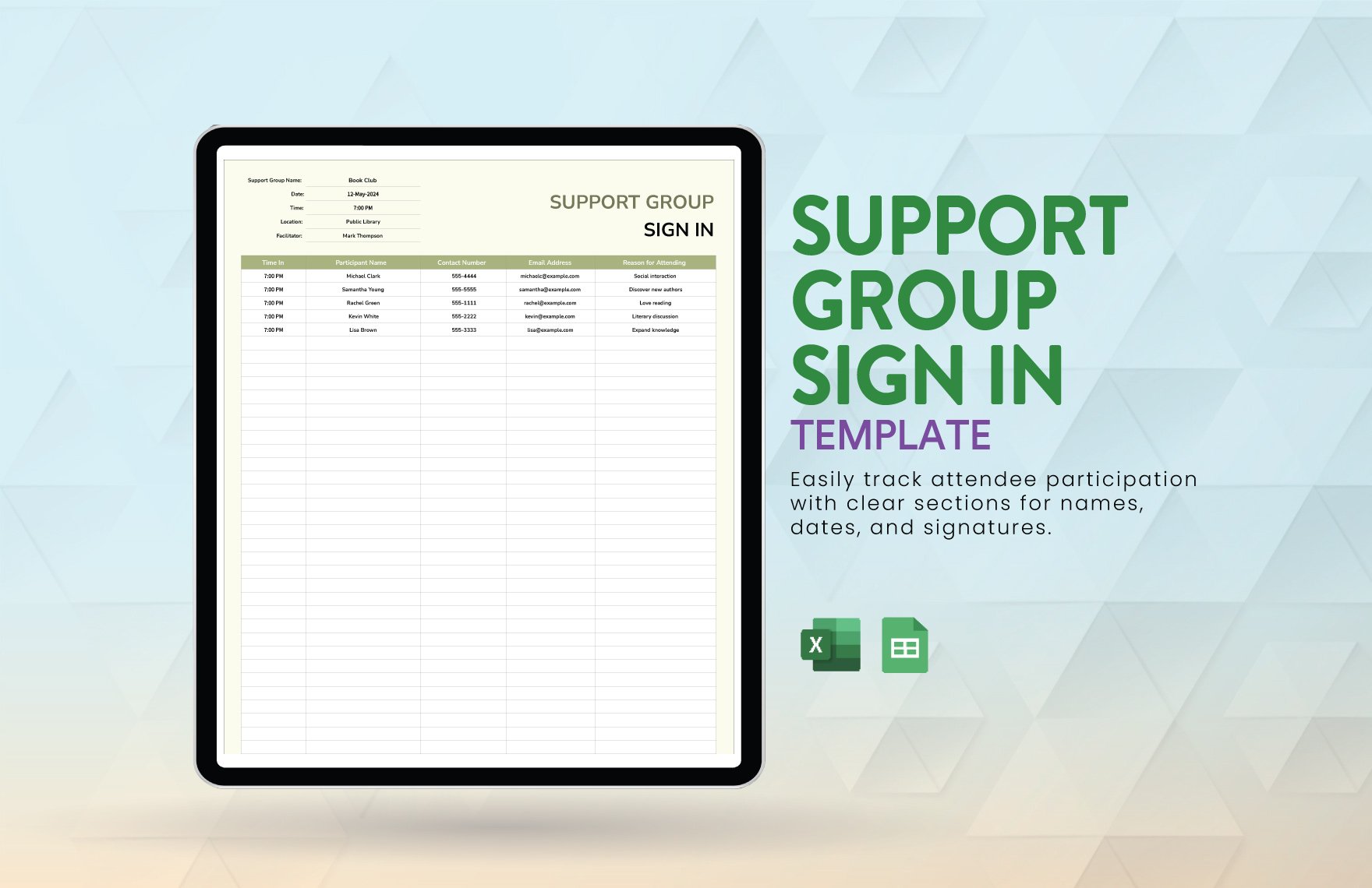 Support Group Sign in Template in Excel, Google Sheets