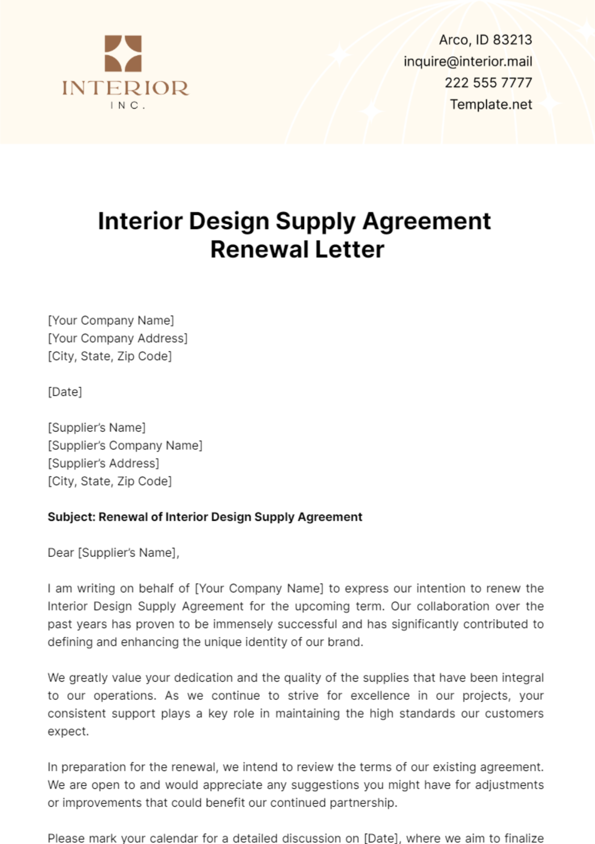 Interior Design Supply Agreement Renewal Letter Template - Edit Online & Download