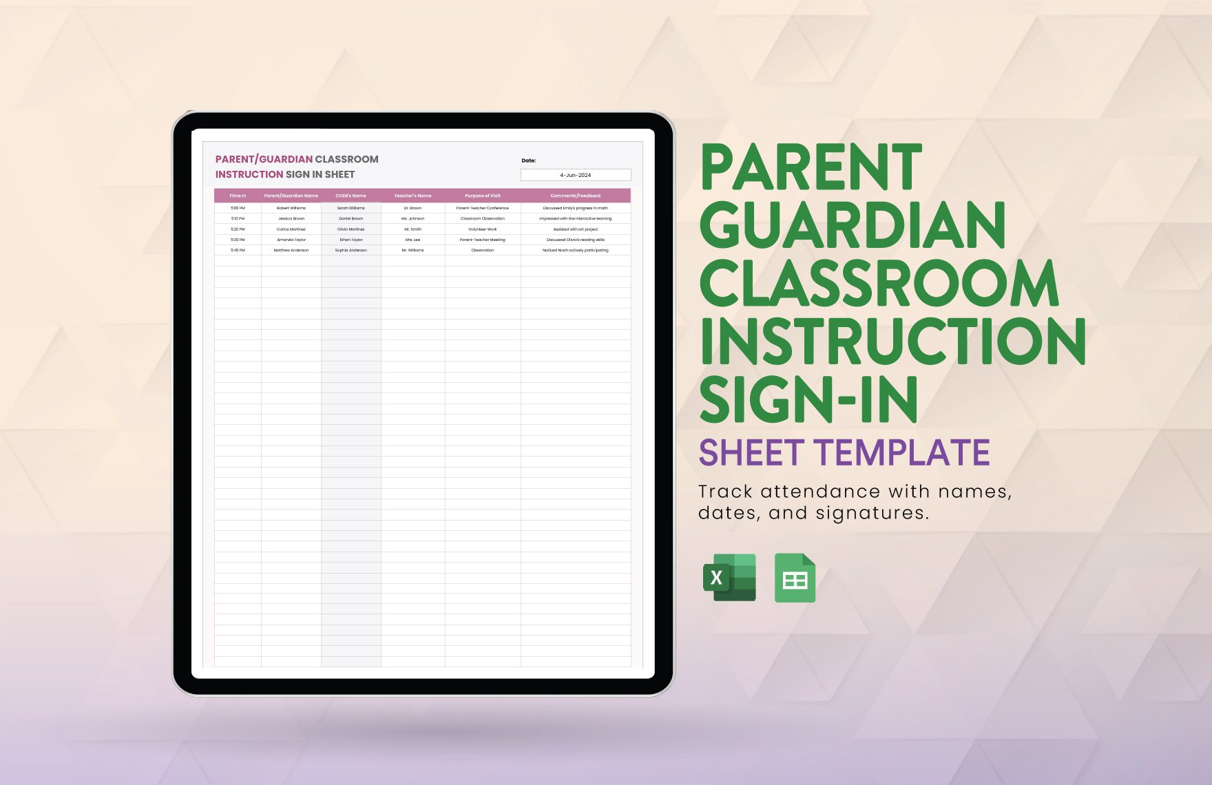 Parent/Guardian Classroom Instruction Sign-In Sheet Template in Excel, Google Sheets