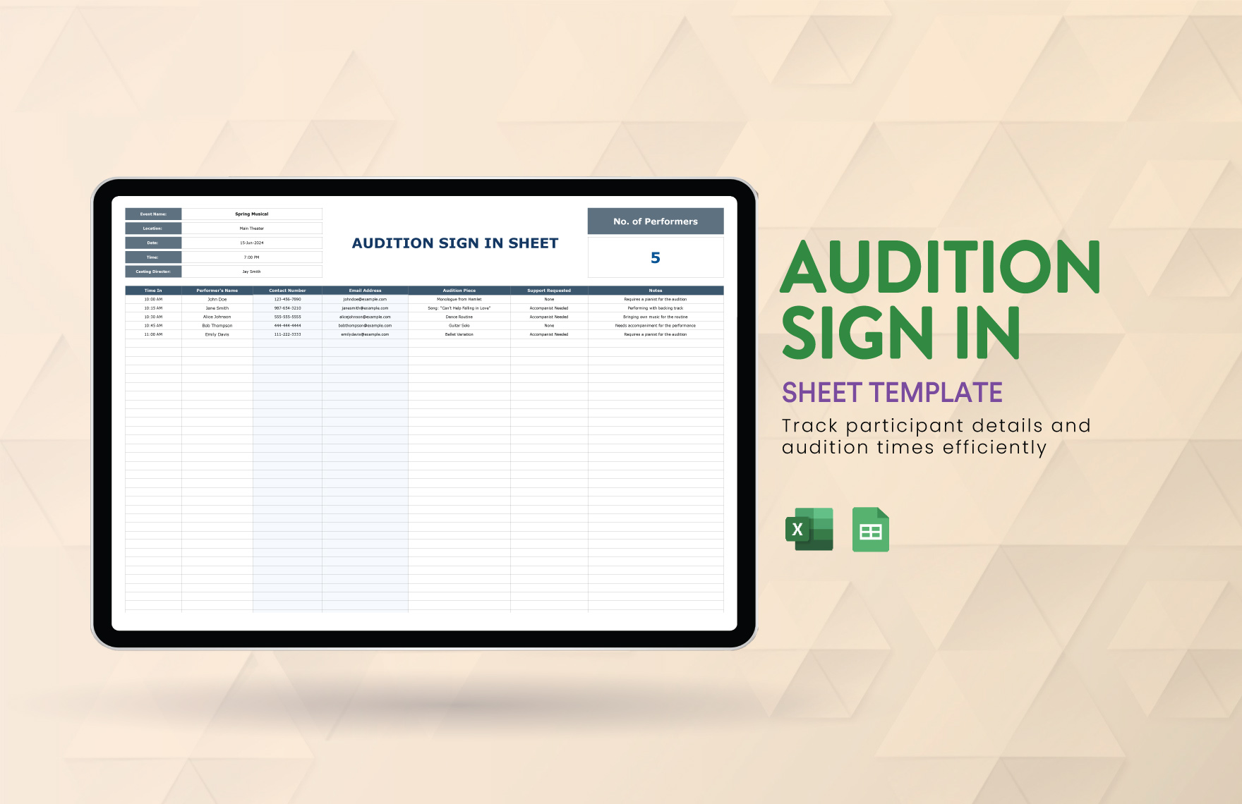 Audition Sign in Sheet Template in Excel, Google Sheets