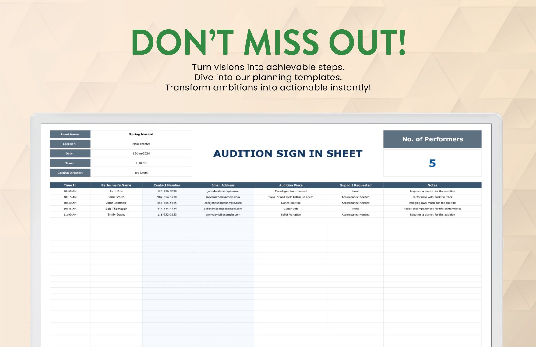 Audition Sign in Sheet Template