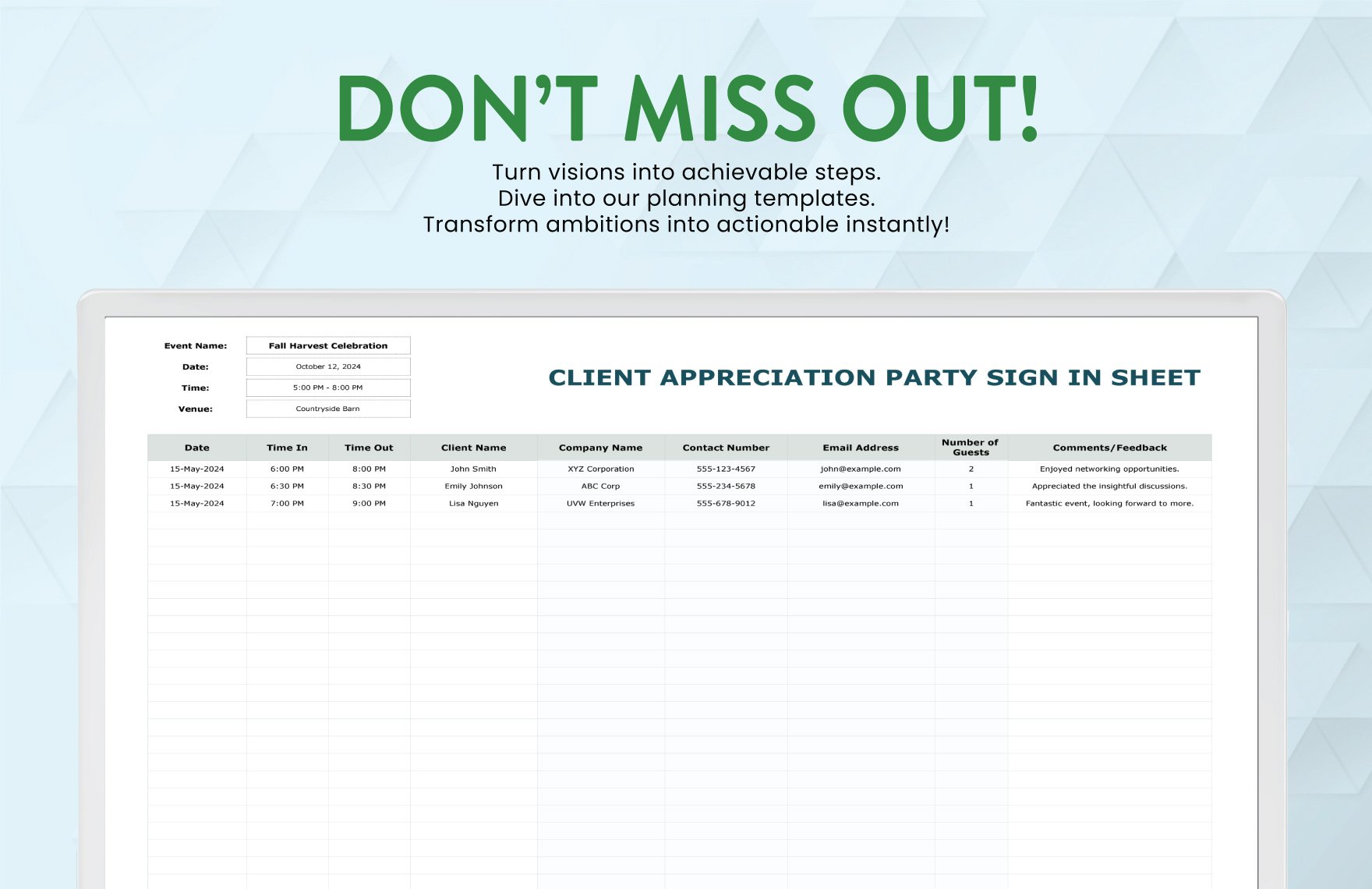 Client Appreciation Party Sign in Sheet Template