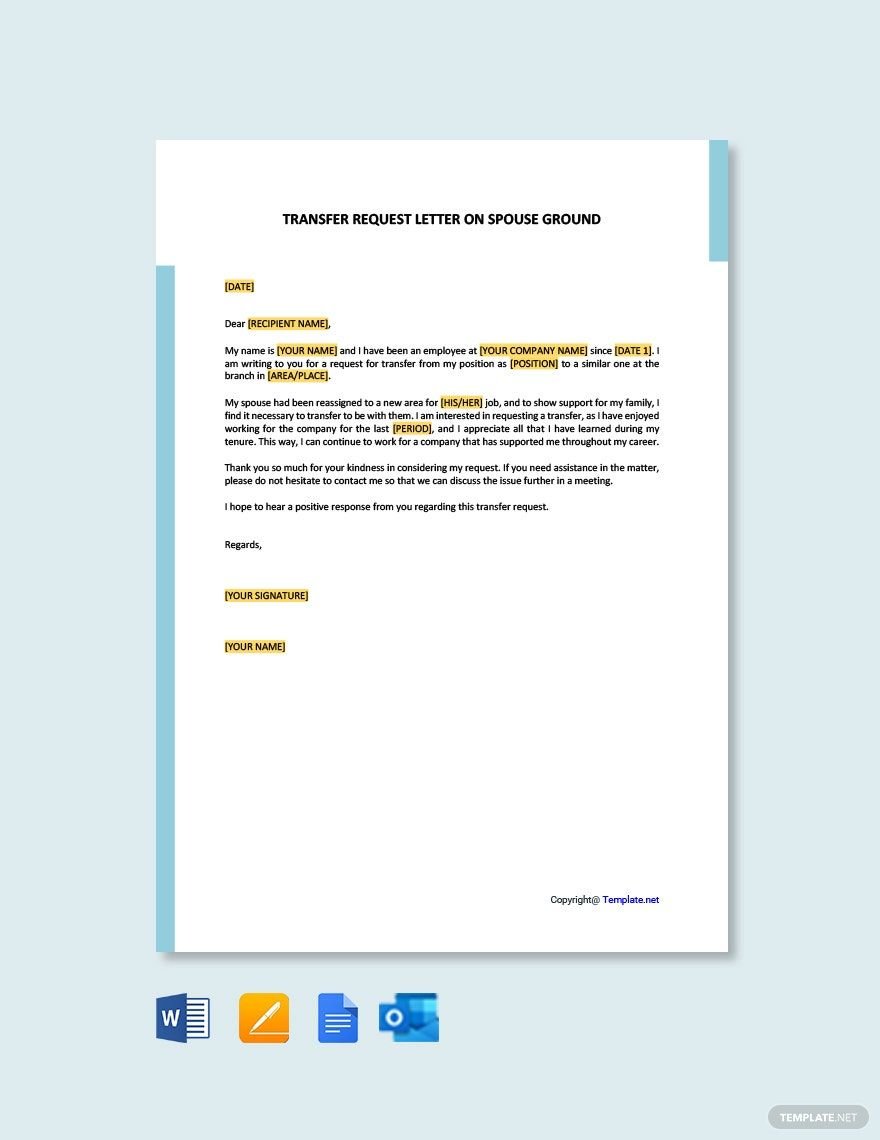 Free Transfer Request Letter on Spouse Ground Template